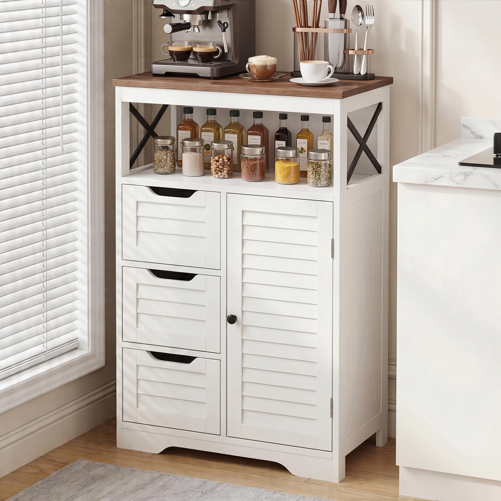 BonVache Kitchen Cupboard with 3 drawers, Louvre-style design, Kitchen Cabinet with Open Compartment and Adjustable Shelf, Ideal for small spaces, Entryway, Living Room, Kitchen, bathroom, White