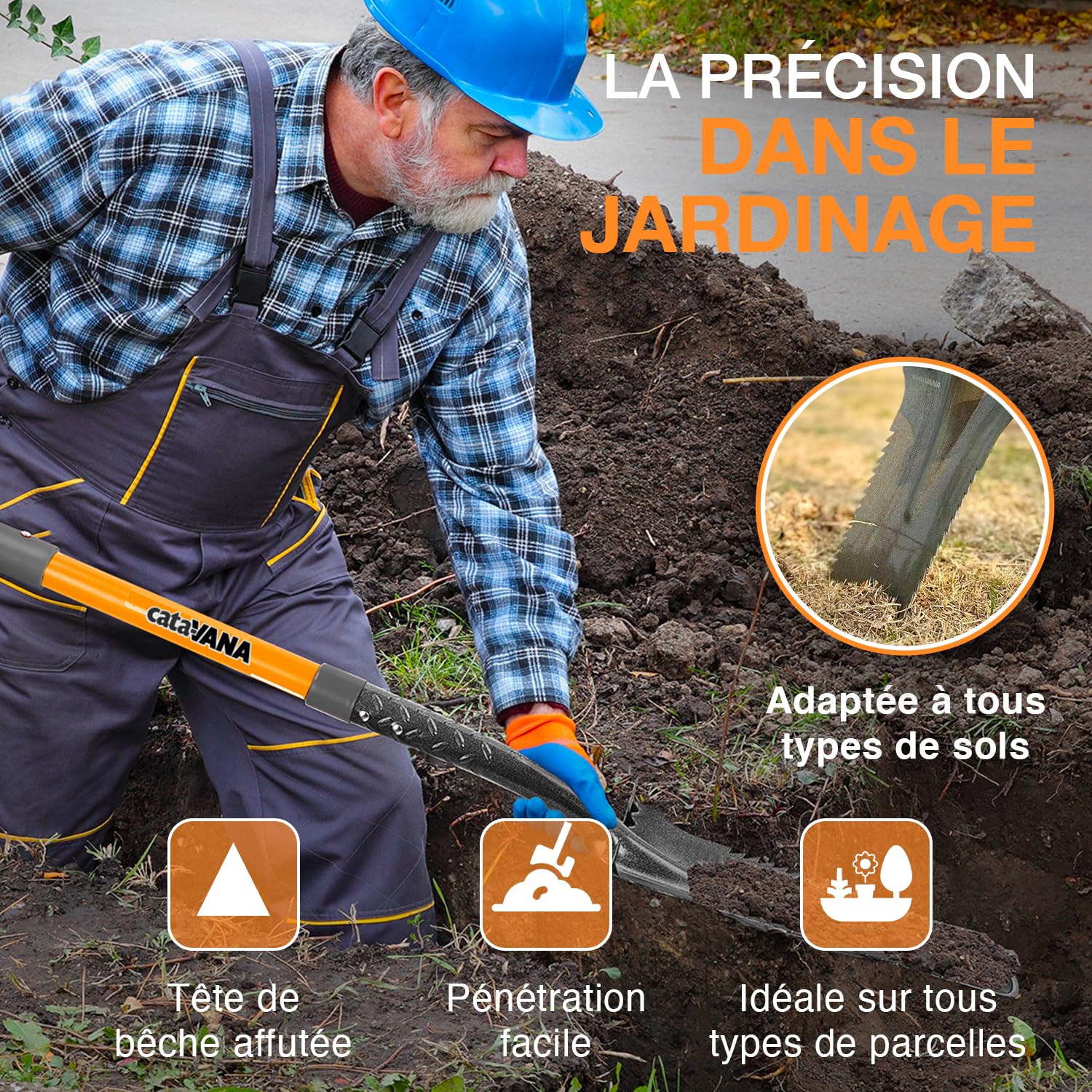 CATAVANA – Bêche de Jardin avec Dents en Acier – Outil de Creusage et Ameublissement du Sol – Manche Long avec Poignée en D Ergonomique – Idéale pour Jardinage, Potager et Aménagement – Noir/Orange