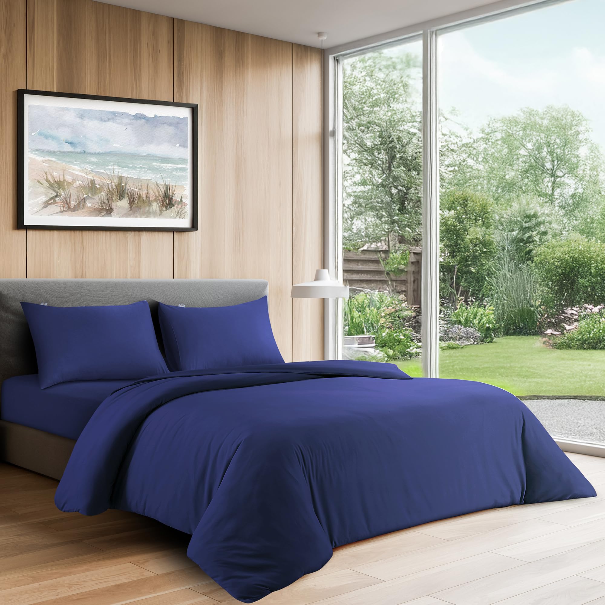 LYMA Complete Bedding Set Double Plain Duvet Cover, Fitted Sheet & 2 Pillow Cases 50x75CM, OEKO-TEX Certified, Ultra Soft NanoPlush Double Brushed, Button Closure, Wrinkle Fade Resistant (Navy)