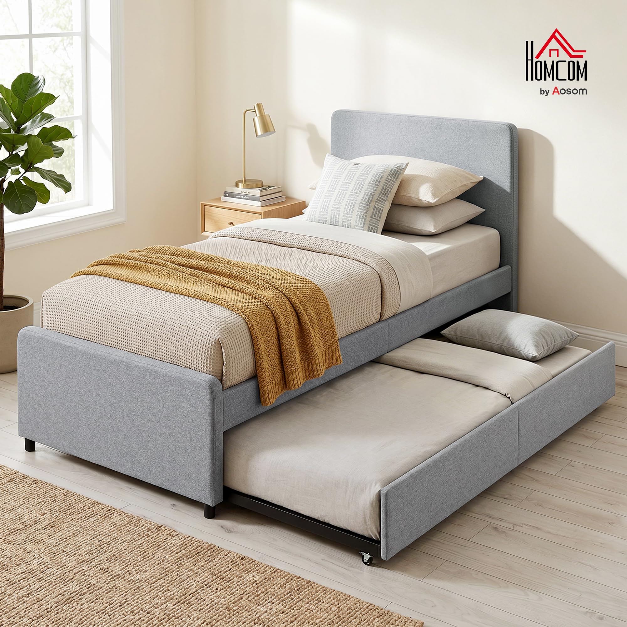 HOMCOM Cama Nido Individual 90x190 cm con Cabecero y Piecero Gris Claro | Estructura de Cama Tapizada en Lino, Listones de Madera, Sin Colchón