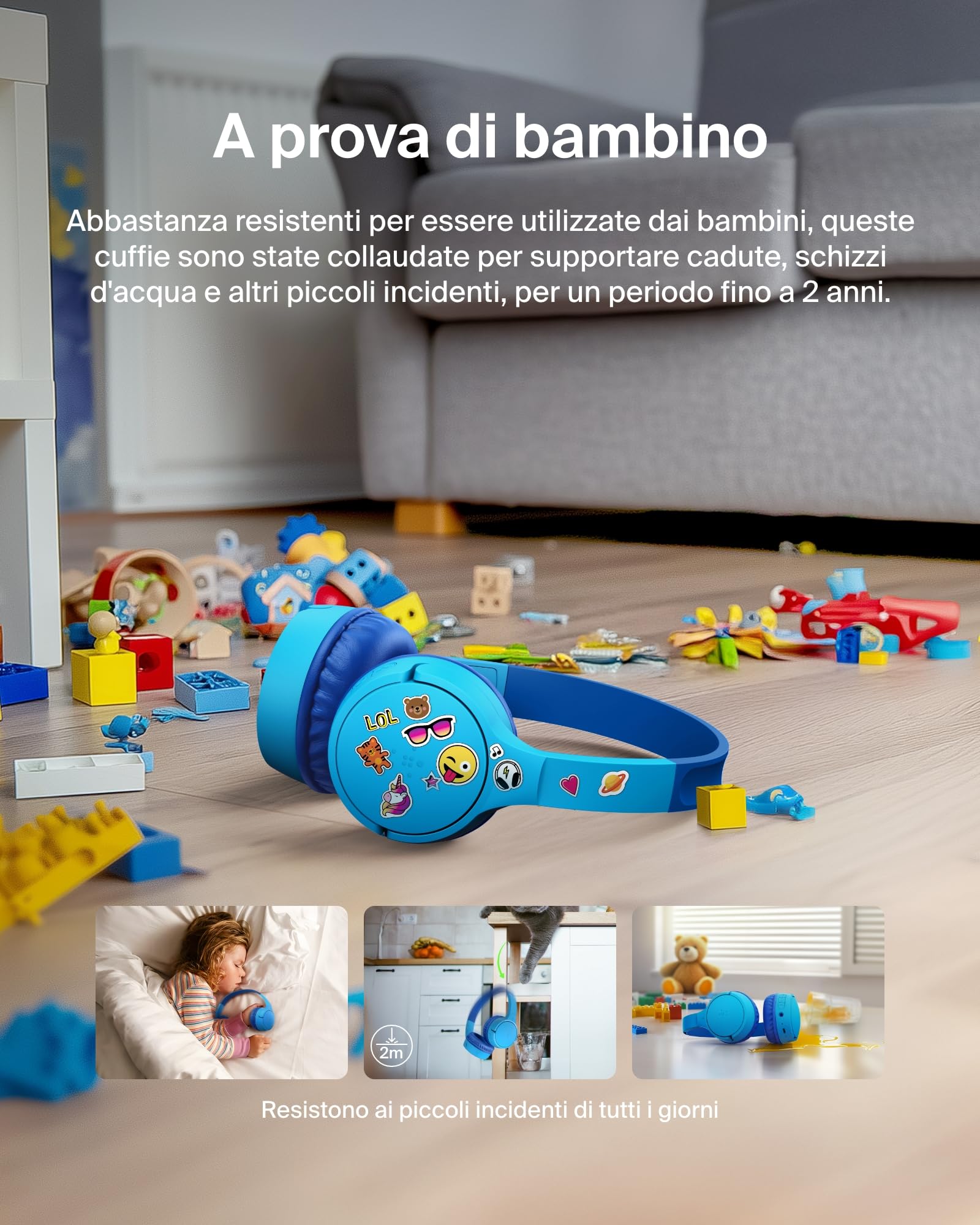 Belkin SoundForm Mini Cuffie wireless per bambini con microfono, 30 ore di riproduzione, adesivi divertenti, headset over-ear per didattica online, scuola e viaggi, per iPhone, iPad e Galaxy, blu