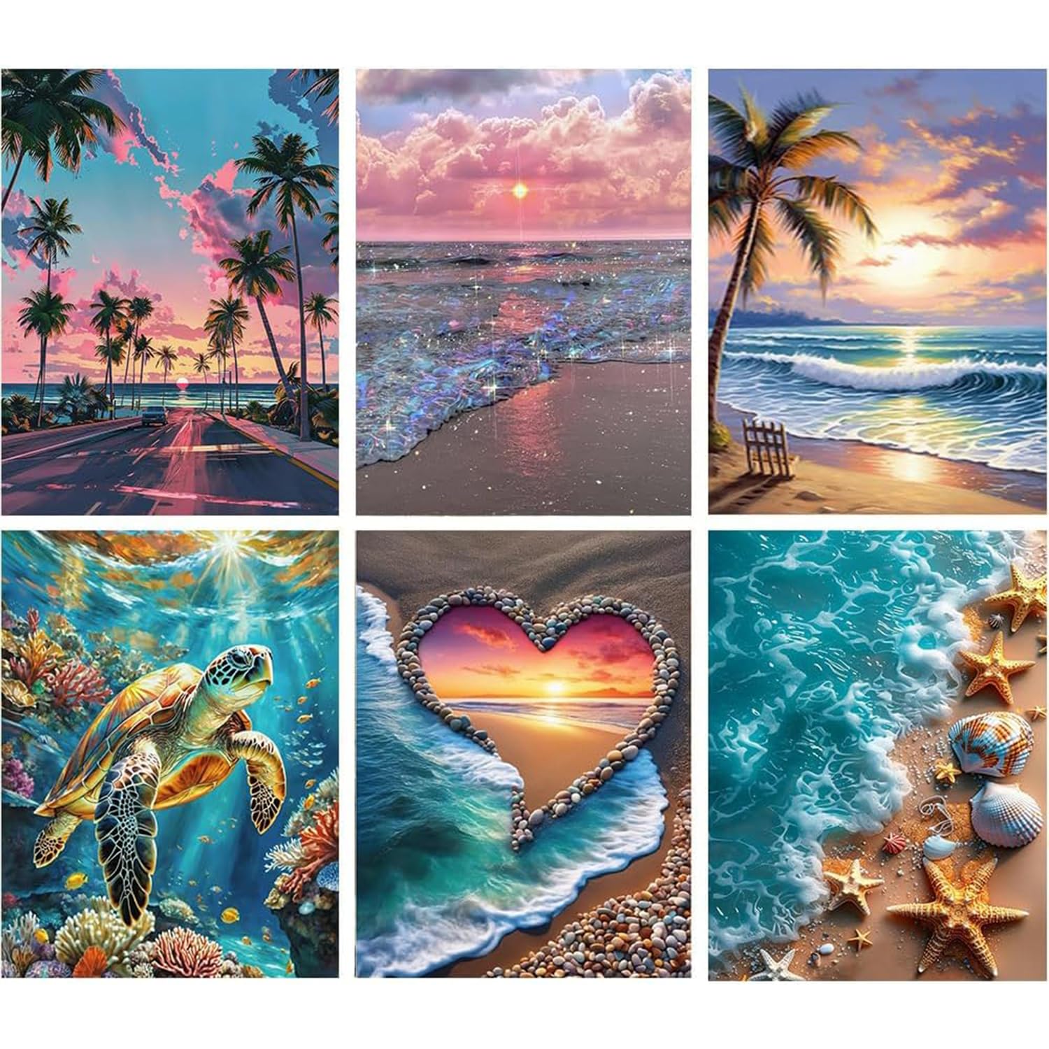 Jakener 6 Pack Diamond Art Kits Adults, Beach Diamond Painting Kit for Adults Beginner, DIY Full Round Drill Crystal Gem Art Craft, 5D Adults Paint by Diamonds Dots for Home Wall Decor 12x16 Inch