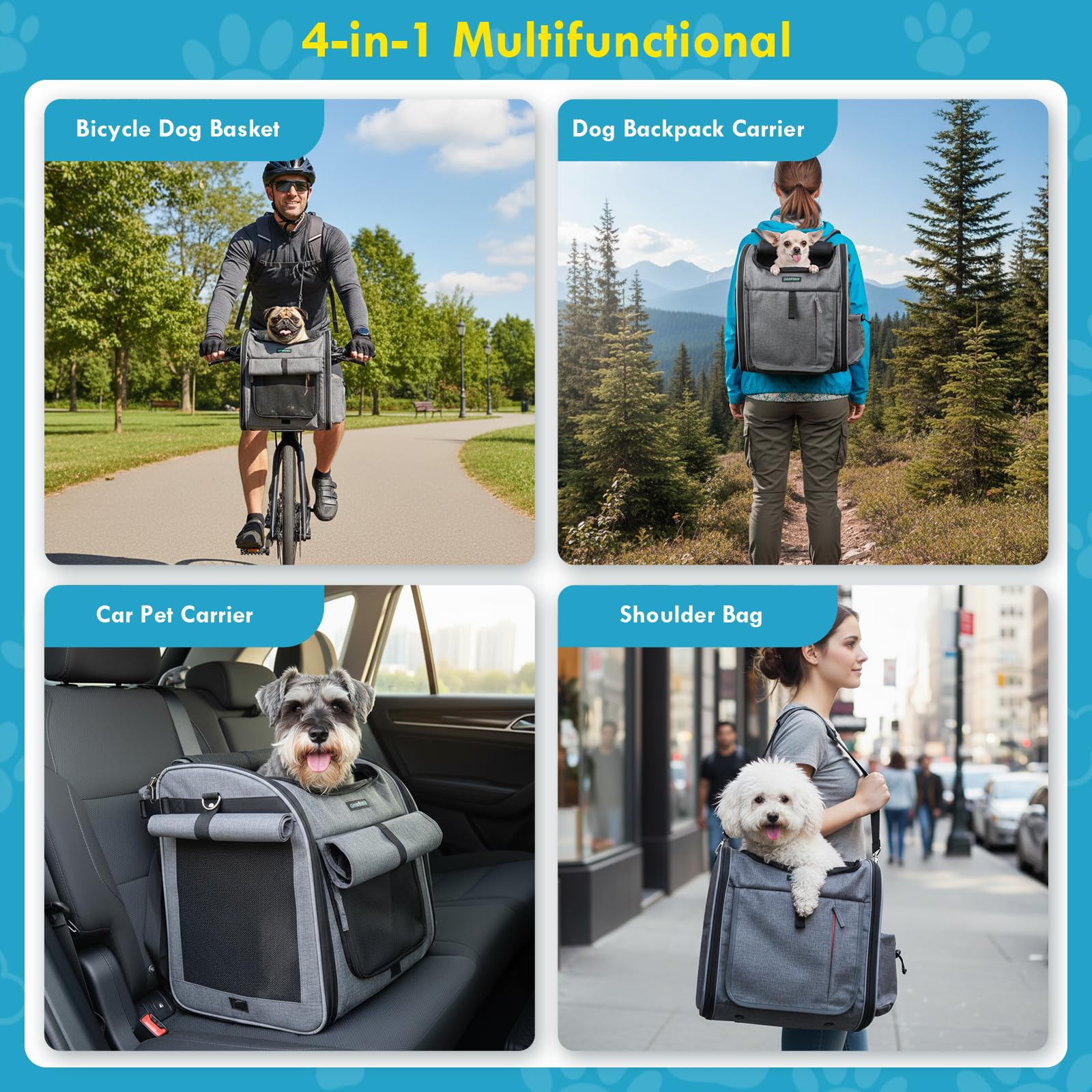 Hundekorb Fahrrad Vorne bis 10KG mit L-förmige Halterung Φ8cm, Faltbarer Hundefahrradkorb 4 in 1 Rucksack Schultertasche Autositz, Bequemes Kissen, Netzfenster-Design, Reflektorstreifen