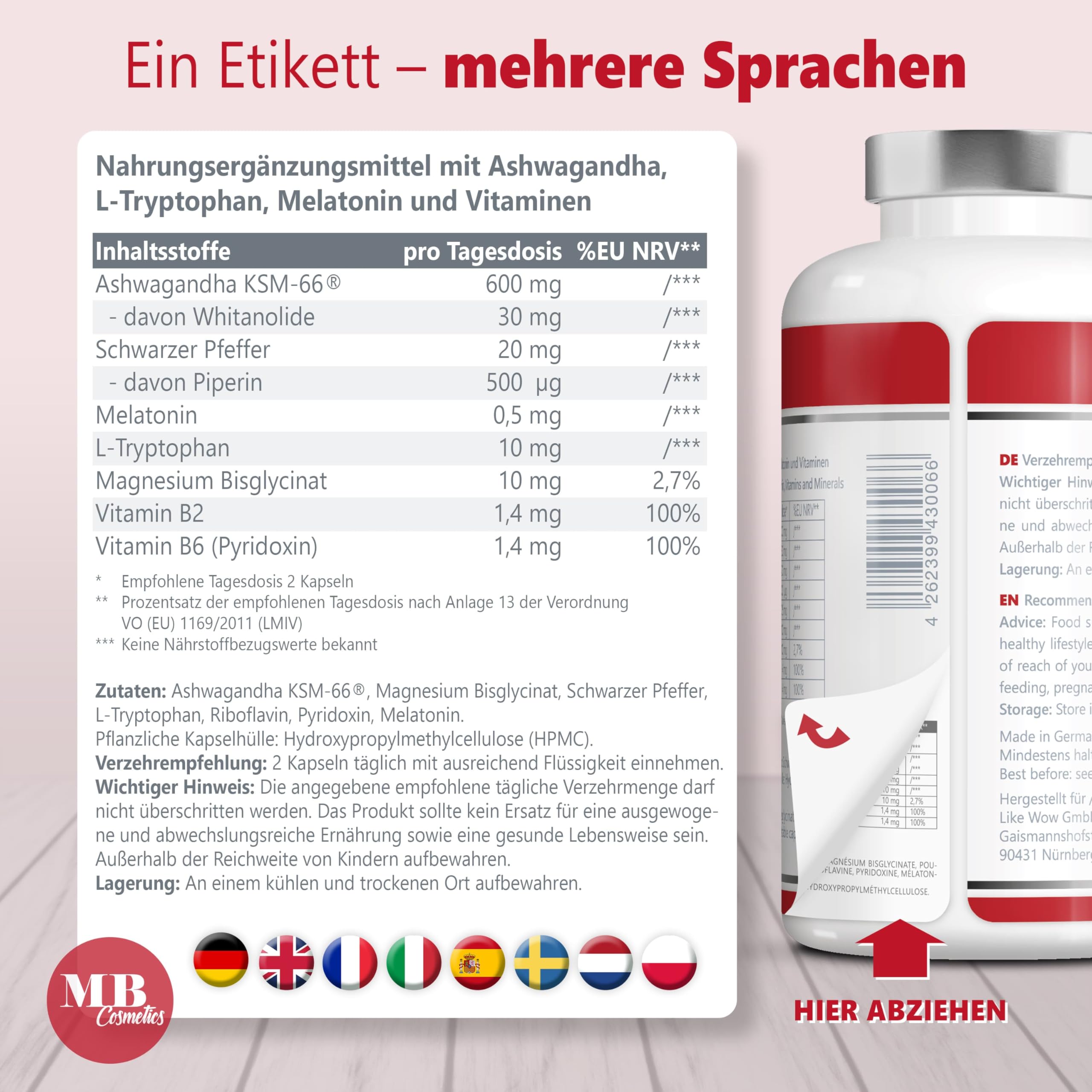 Ashwagandha Kapseln hochdosiert - 180 vegane Kapseln mit KSM-66 Wurzelextrakt, 5 % Whitanolide, Tryptophan, Melatonin, Magnesium - aus der indischen Schlafbeere, laborgeprüft, Made in Germany
