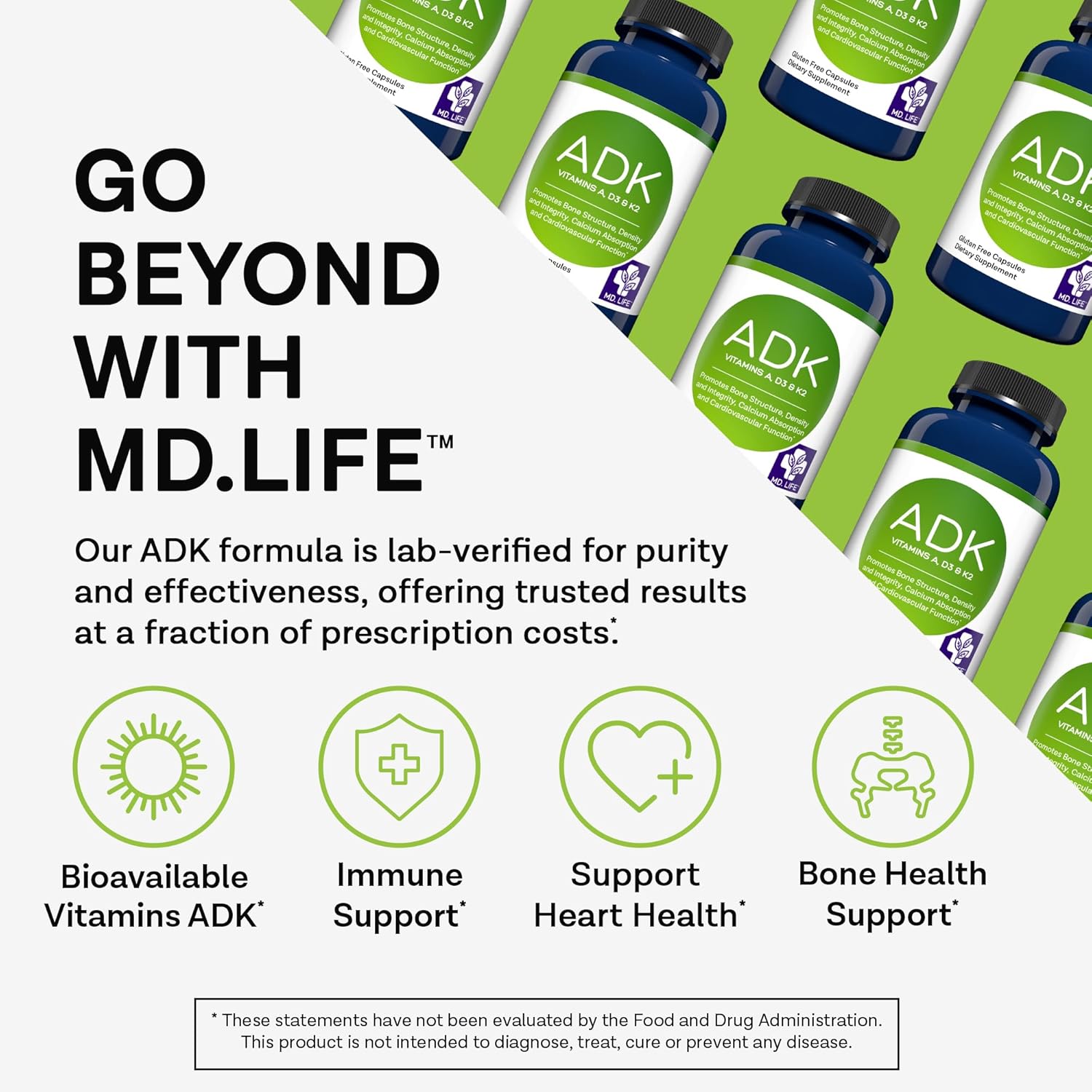 MD.LIFE ADK Vitamin Supplement – Vitamin D3 K2 and A Complex – 120 Capsules – High Potency Vitamin ADK for Bone and Heart Health Support