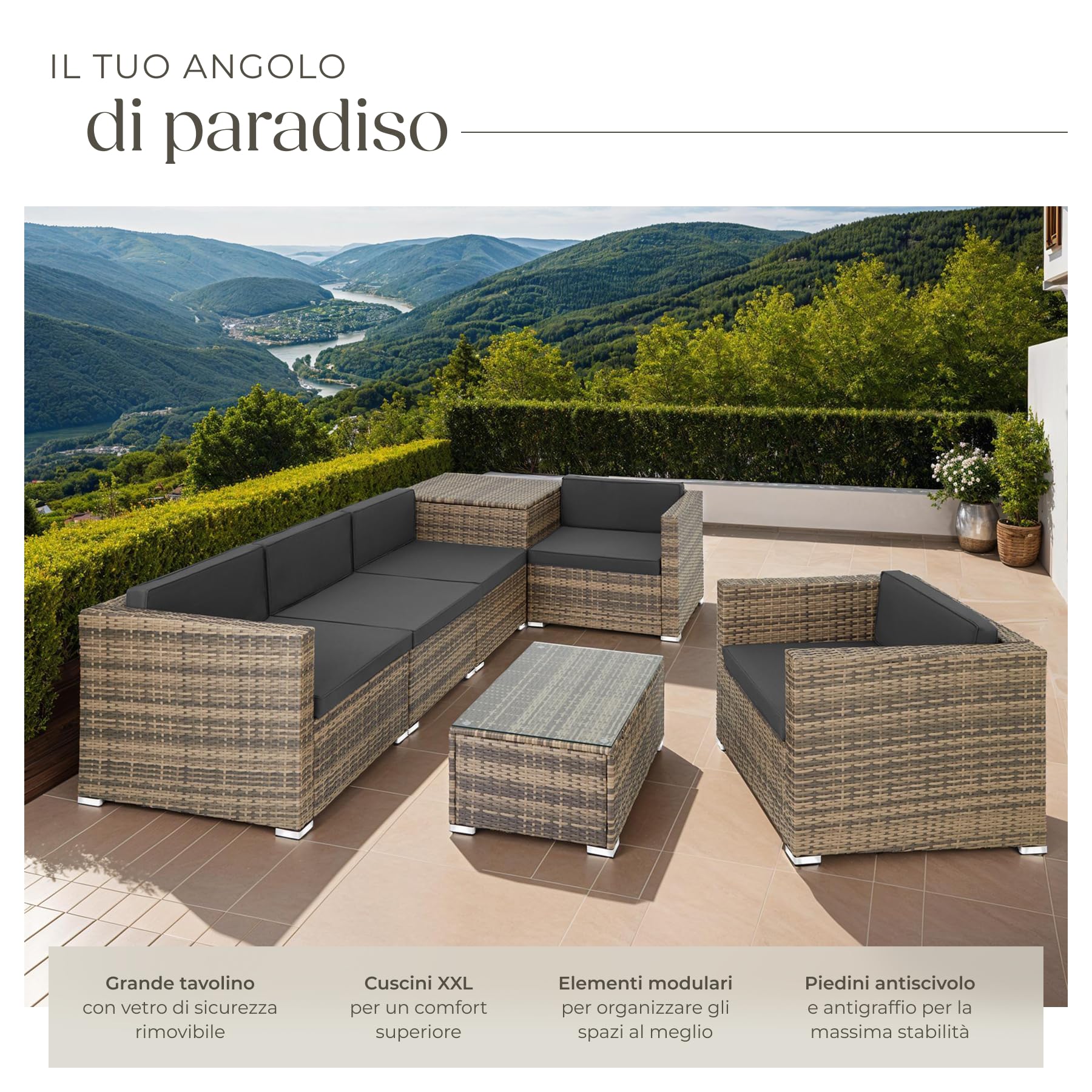 tectake® Salottino in Rattan XXL, Componibile, Contenitore Custodia, Poltrona Giardino, Set Balcone, Tavolo Sedie Esterno, Design Accurato, Versatile, Confort Massimo, Facile Pulizia - Naturale