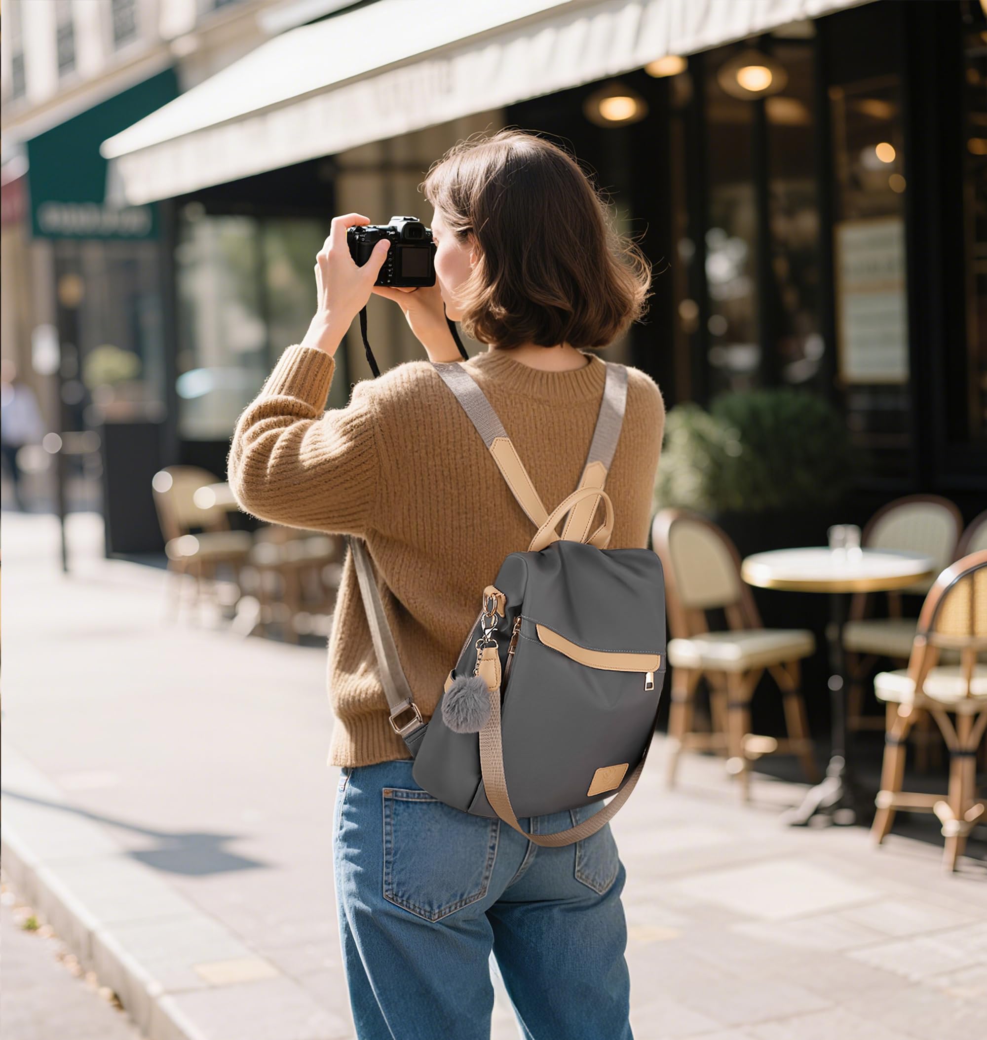 Zaino Antifurto Donna, Zainetto Piccolo Impermeabile Leggero con Tasca Posteriore di Sicurezza — Borsa Zaino Donna Casual per Lavoro, Viaggio e Quotidiano Grigio