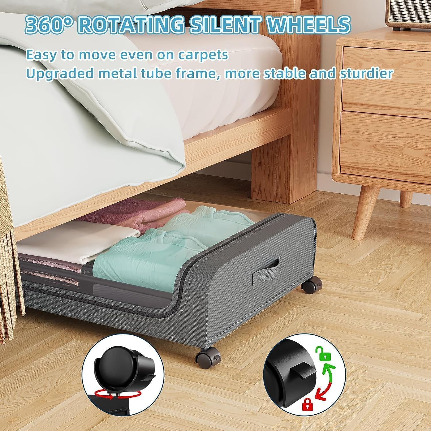 Pojemniki podtynkowe, 2 sztuki pojemników z kółkami, szuflad pod łóżkiem z metalową ramą i rolkami o 360° (szary)