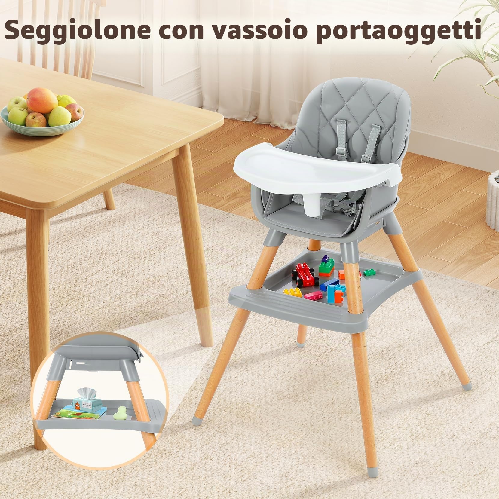 Ezebaby Seggiolone Pappa 6 in 1 Rialzo Da Sedia Bimbo Regolabile Si Trasforma in Alzasedia, Sgabello e Tavolino con Sedia Gambe in legno, per bambini a partire dai 6 mesi di età (Grigio con ripiano) | 6 in 1, gambe in legno, cintura a 5 punti, vassoio rem