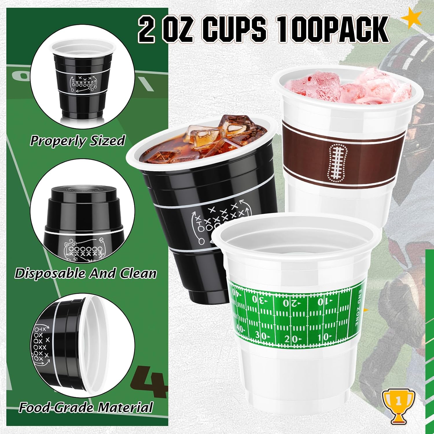 Baderke 100 Pcs 2 oz Football Shot Glasses Disposable Plastic Football Shot Cups Bulk for Sports Theme Parties and Tailgate Events Birthdays Party Decorations Supplies and Favors