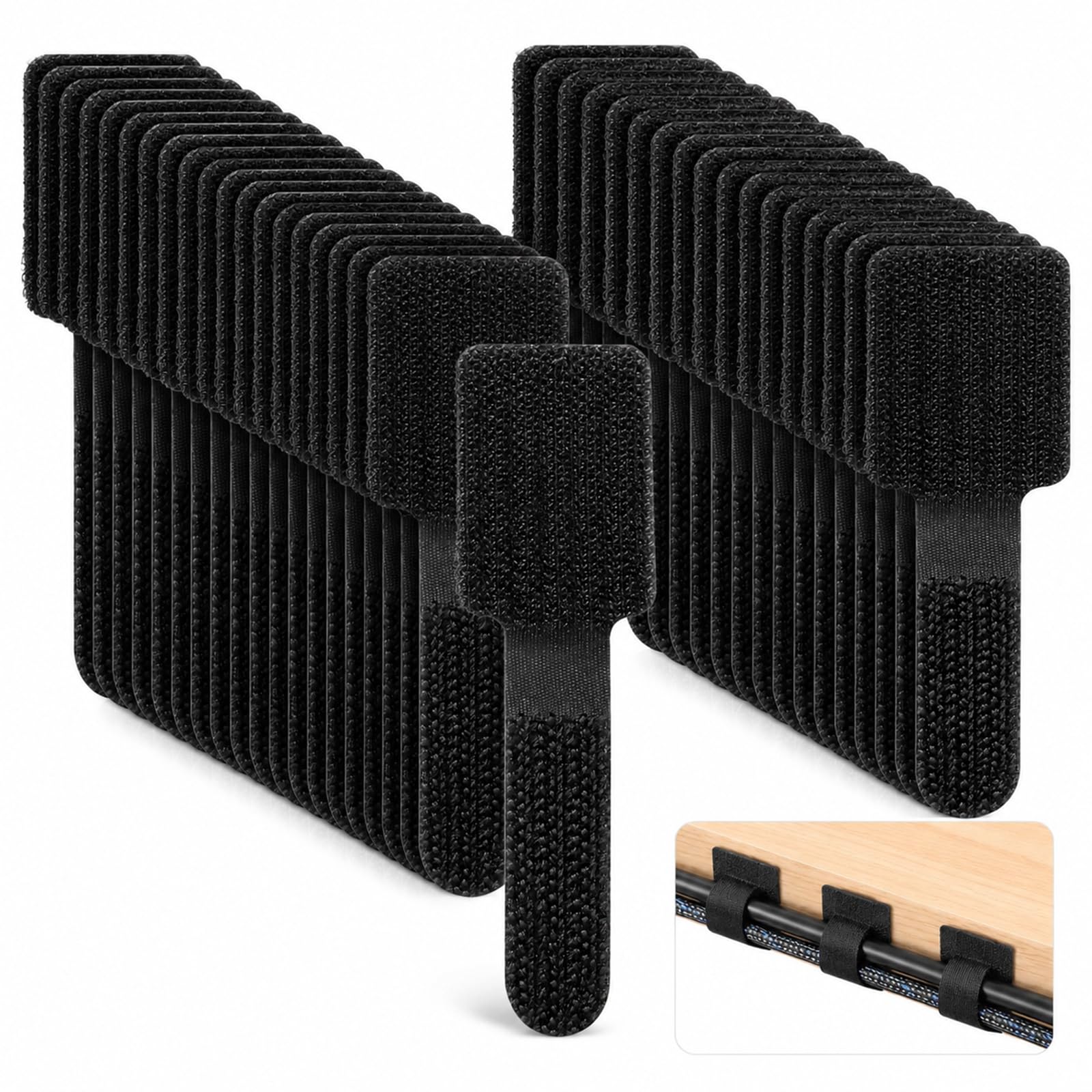 50 Pcs Black Self-Stick Cable Management Fasteners, Reusable Hook & Loop Cord Wraps, No-Drill Adhesive Wire Holders for Desk, Home Appliance & Electronic Cord Organization
