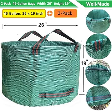 Standard 2-Pack 46 Gallon Lawn Garden Bags (D26,H19 in) Yard Waste Bags W/Gardening Gloves for Leaf Bag,Yard Debris,Trash Container,Recycling Bin,Camping Waste Bin,Grass Clippings,Weeds Bag 4 Handles