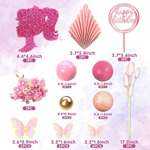 Miniatura 2 de Decoración para tartas de niña rosa intenso con bolas de mariposa rosas y doradas, decoración para tartas para boda, baby shower, aniversario,