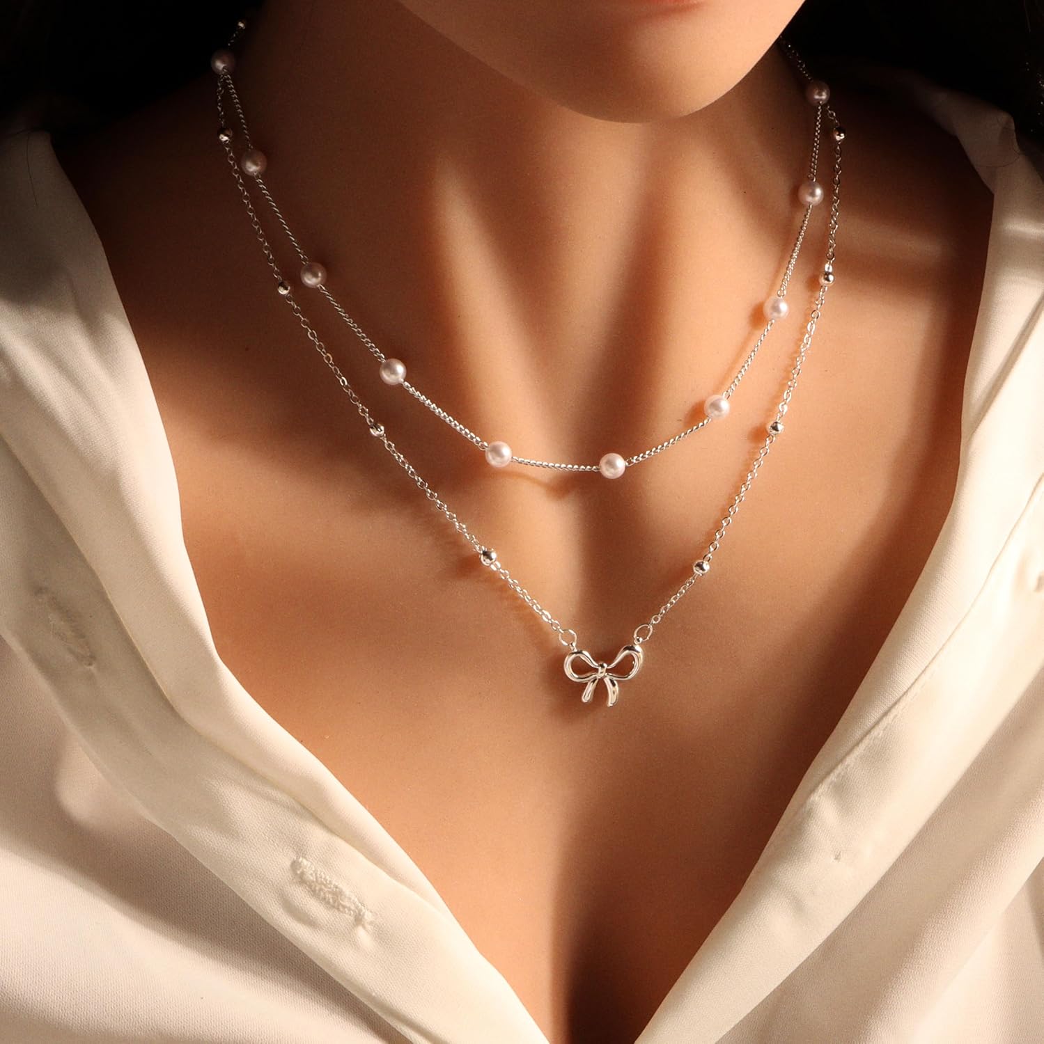 Bow Necklace Trendy 14k Gold Silver Plated Pearl Choker Bow Pendants Necklace Layered Necklaces for Women Jewelry Gift - Image 3