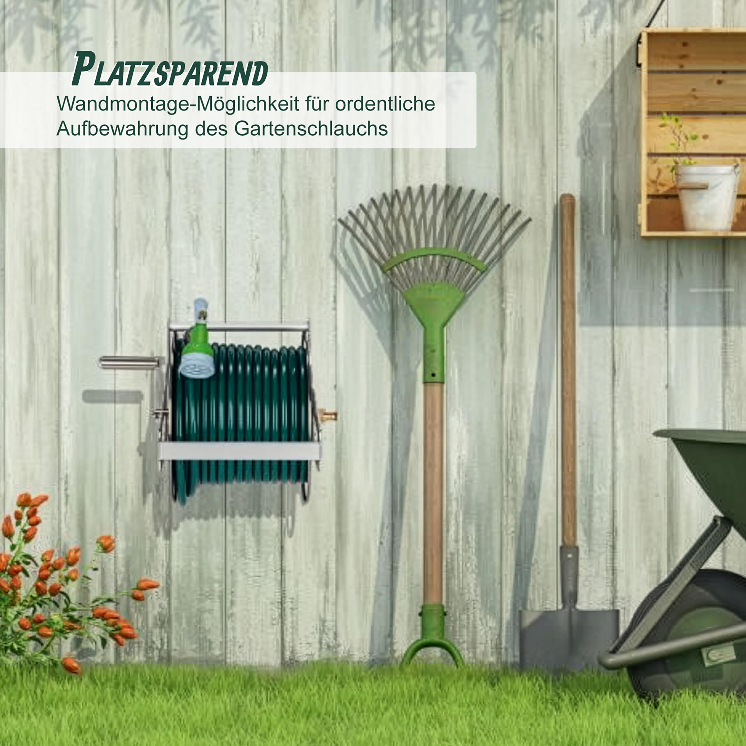 Relaxdays Schlauchtrommel, Edelstahl, für 50 m 1/2" Schlauch, Boden, Wand, HBT: 31 x 50 x 36 cm, Schlauchwickler, silber