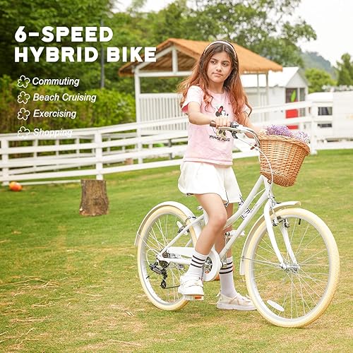 Miniatura 2 de Glerc 20 24 26 Inch Beach Cruiser Bike, 6-Speed Hybrid City Bicycle for Girls Youth and Over 6 Years Old, Missy Bike with Wicker Basket &