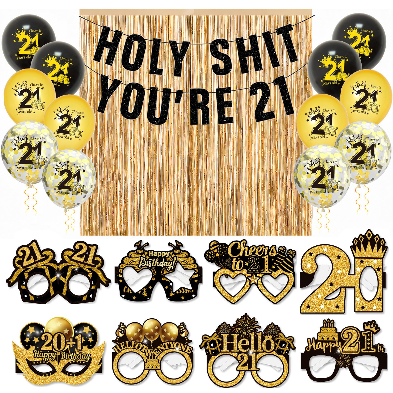 HOMAVEL 21th Birthday Decorations Black and Gold Set - Funny "HOLY SHIT YOU RE 21" Banner, 2 Champagne Gold Fringe Curtains, 12 Balloons & 8 Glasses Photo Props for Men & Women