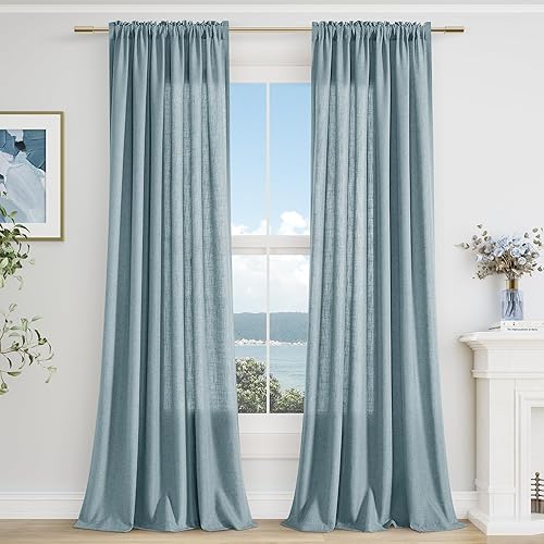Guken Cortinas de lino azul de 108 pulgadas de largo para sala de estar o dormitorio, juego de 2 paneles de cortinas semitransparentes con bolsillo disponible en Yaxa Peru