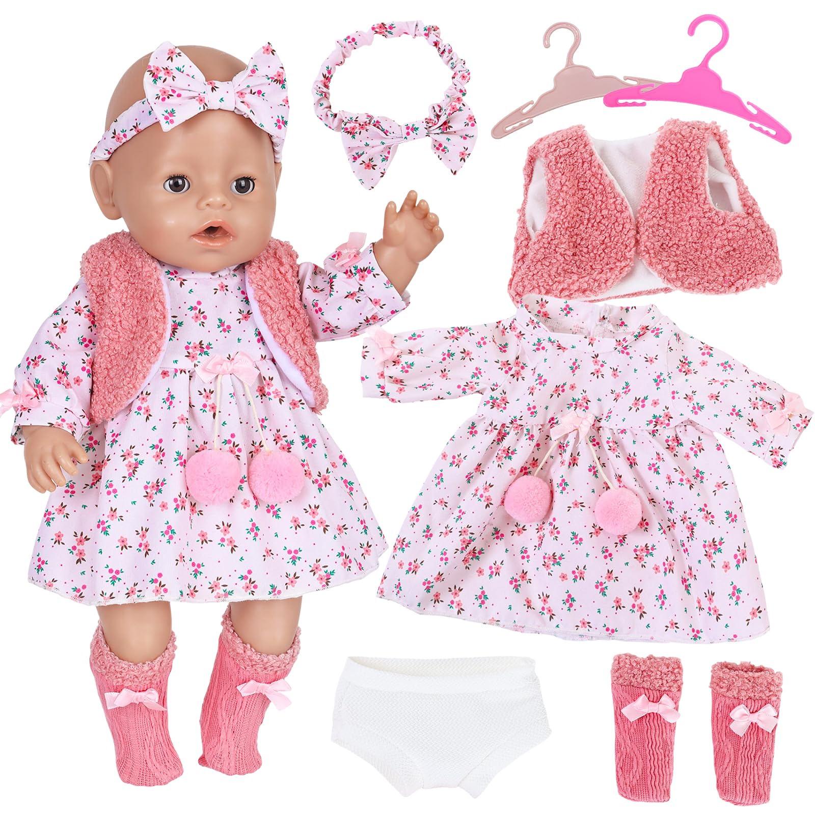 7 Pcs Sweet Doll Clothes for 14-17inch Baby Dolls,Fresh Baby Doll Clothes for 35-43cm Dolls with Dress Vest Headband Panty Socks Hanger 43cm Doll Outfits Baby Doll Accessories Children Birthday Gifts