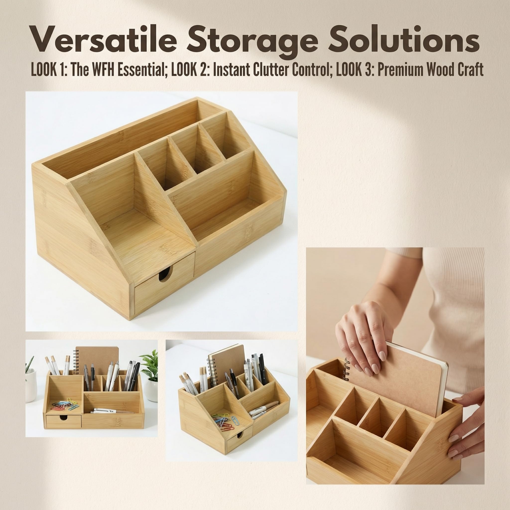 Holz Schreibtisch Organizer 24.5x15x11cm Büro Organizer mit 7 Fächer und Schublade Aufbewahrungsbox Fernbedienung Halterung Stiftehalter Schreibtischablage Tischorganizer für Büro und Zuhause