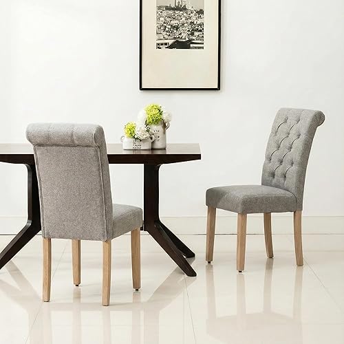 Miniatura 5 de AC Pacific Natalie Tufted Dining Chairs, Contemporary Upholstered Home Kitchen Armless Parson Seat with Rolled Top, Set of 2,Light Grey