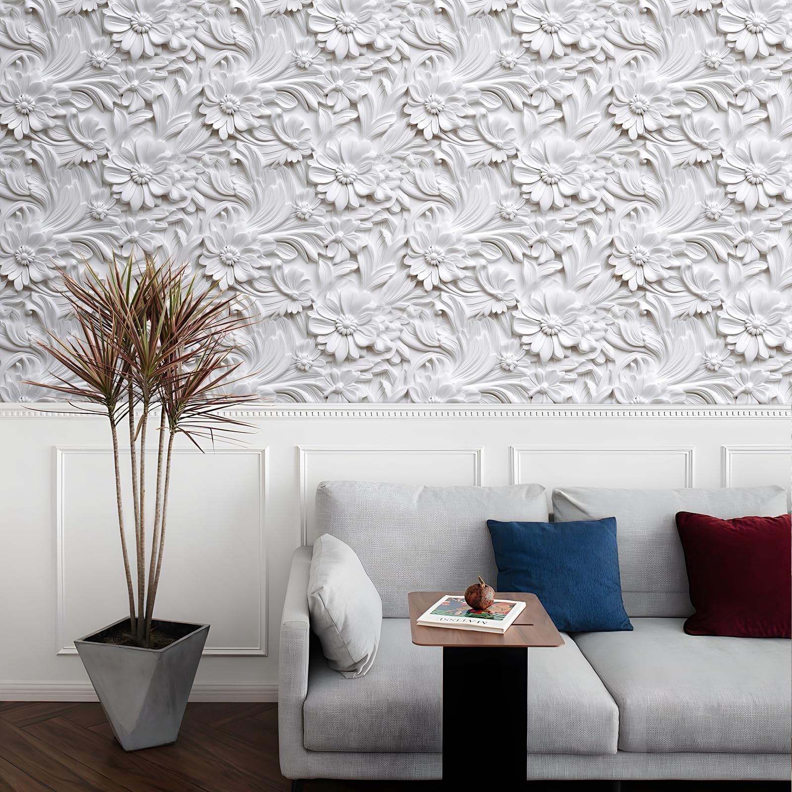 LaCheery Biała samoprzylepna tapeta kwiatowa, efekt 3D, tapeta ścienna, kwiaty, do salonu, 44,5 cm x 700 cm, tapeta z białym wzorem, winylowa, folia samoprzylepna do mebli, kwiatowa tapeta ścienna