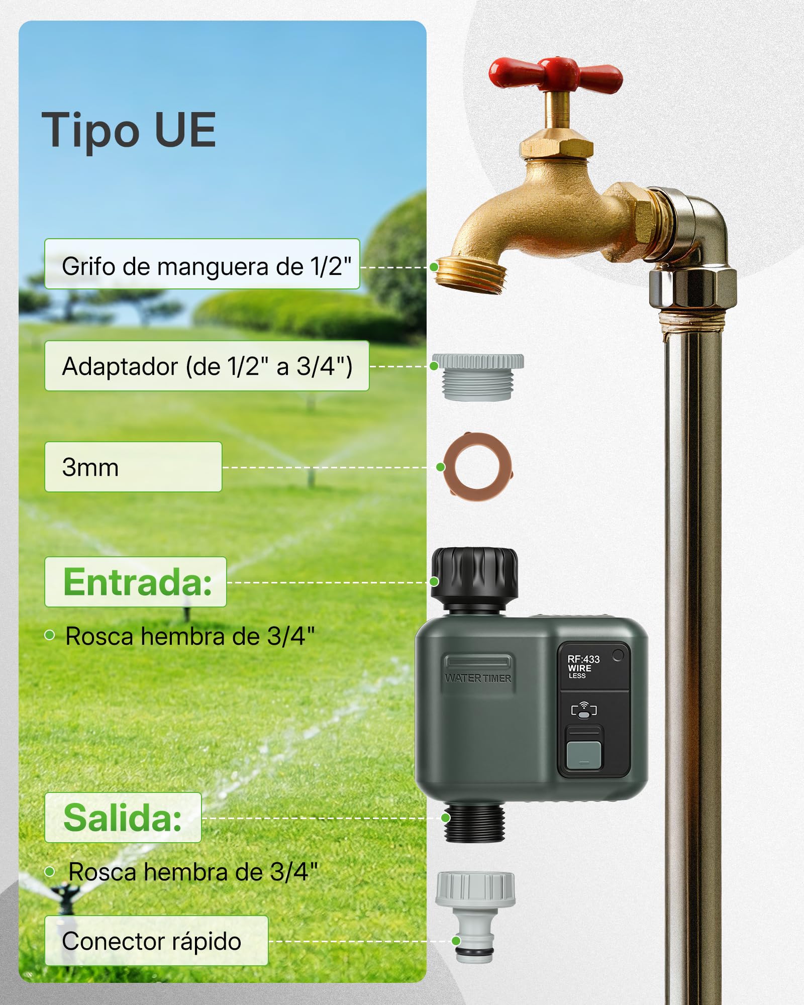 Ordenador de Riego WiFi, Temporizador de Manguera, Programador de Aspersores, Riego Inteligente, Modo Automático y Manual, Alcance 300 m, para Jardín, Césped, Terraza, Verde Oscuro ZD31WTD06