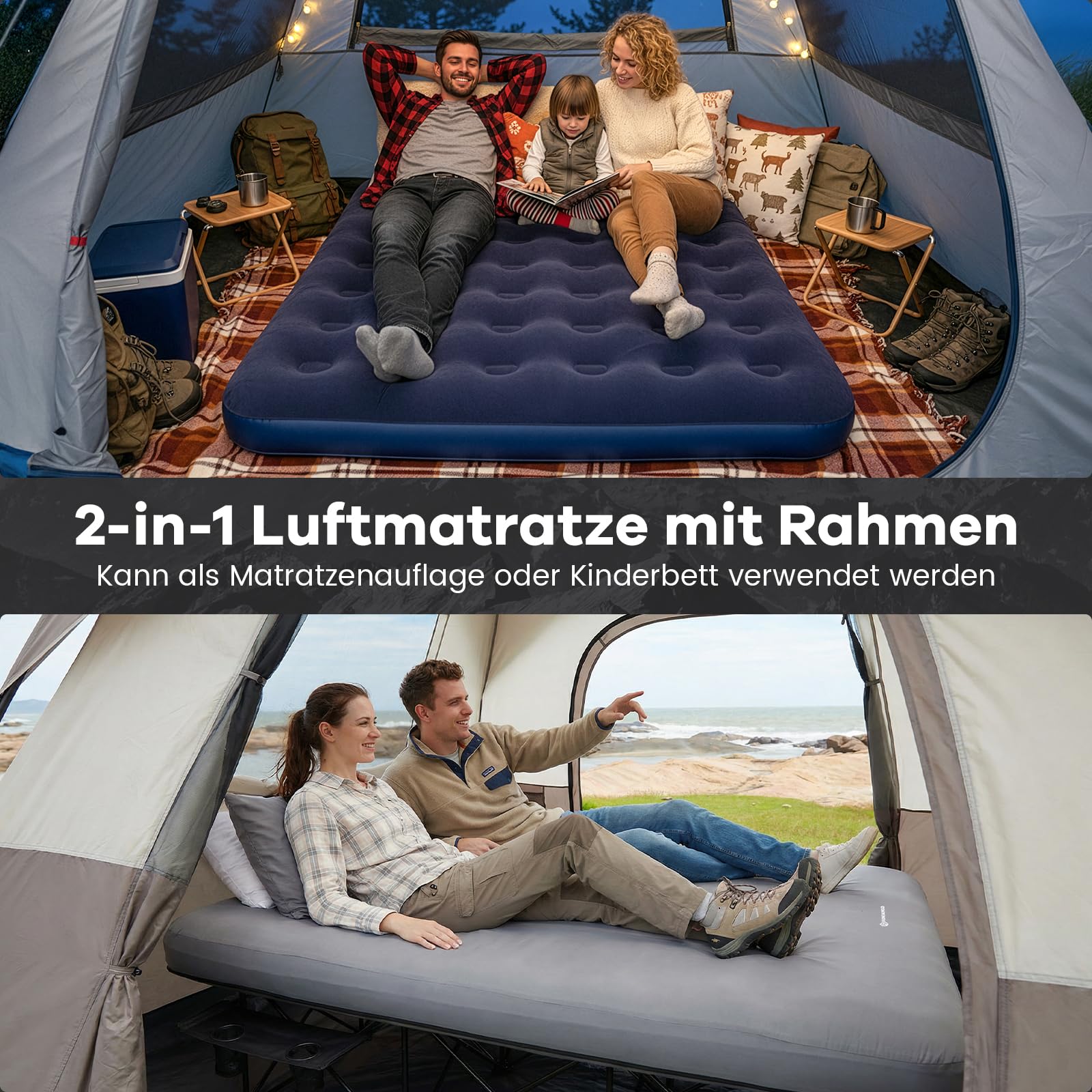 FUNDANGO Campingbett für 2 Personen mit elektrischer Pumpe, Luftmatratze mit klappbarem Gestell, tragbares Bett mit Getränkehalter & abnehmbarem Bezug, inkl. Tragetasche