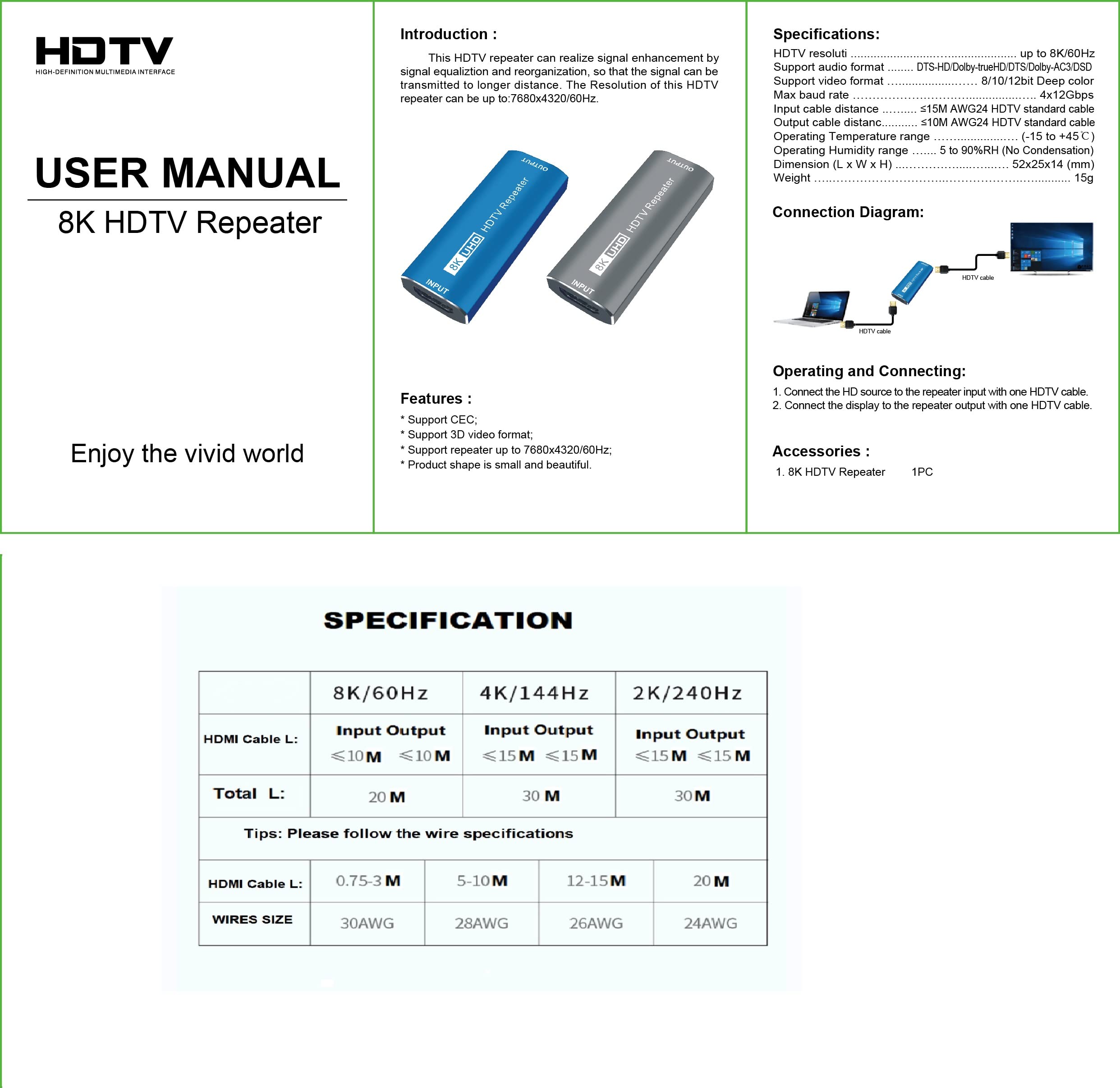 Wzmacniacz przedłużający HDMI 8K, 8K/4K przy 60 Hz UHD HDMI Repeater żeński na żeński, ultra wysoka prędkość 48 Gb/s, kompatybilny z PS4/DVD/TV Box itp. (niebieski)