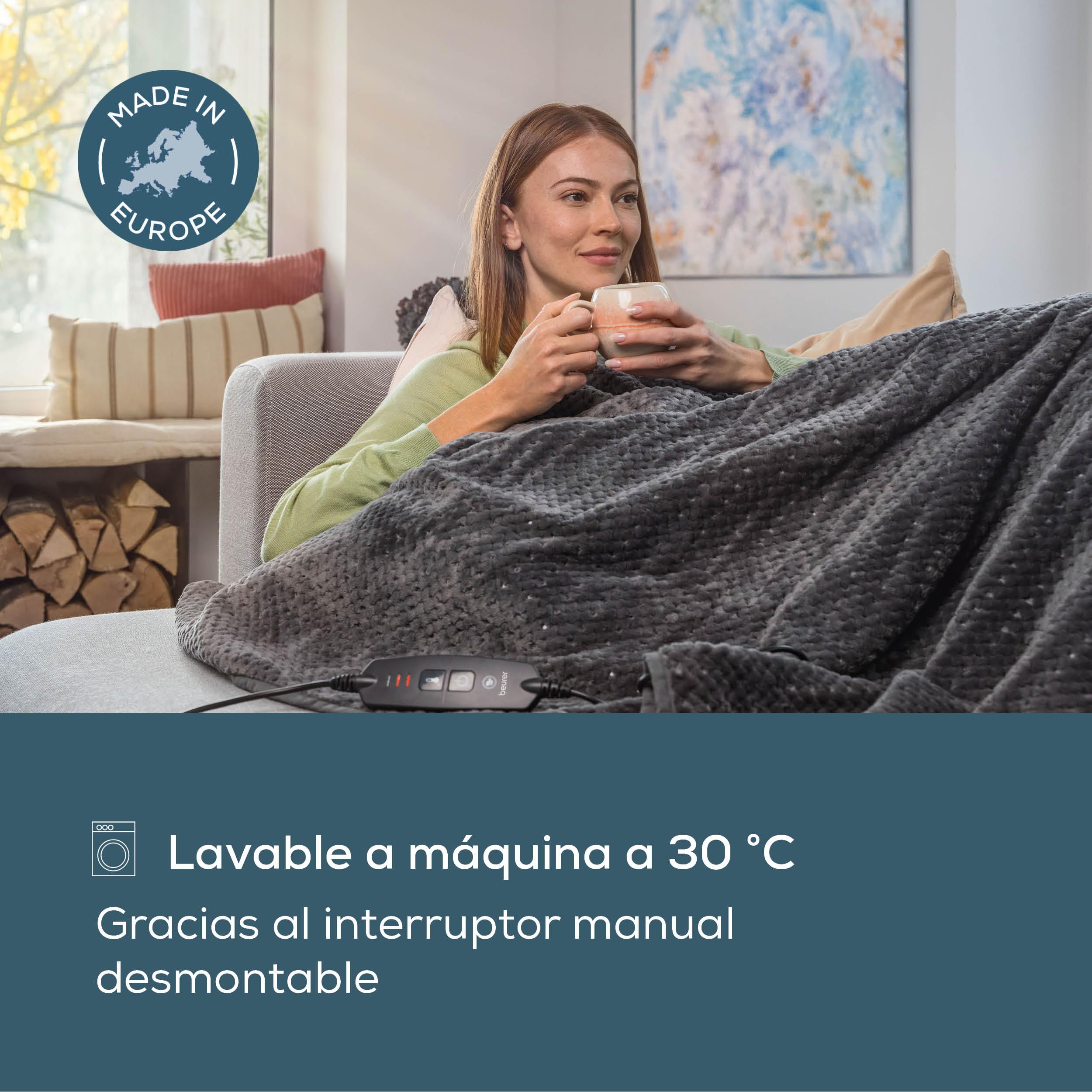Beurer HD 65 manta eléctrica, manta térmica acogedora de material suave con 3 niveles de temperatura, con apagado automático y sistema de seguridad, lavable a máquina a 30 °C, made in Europe, gris