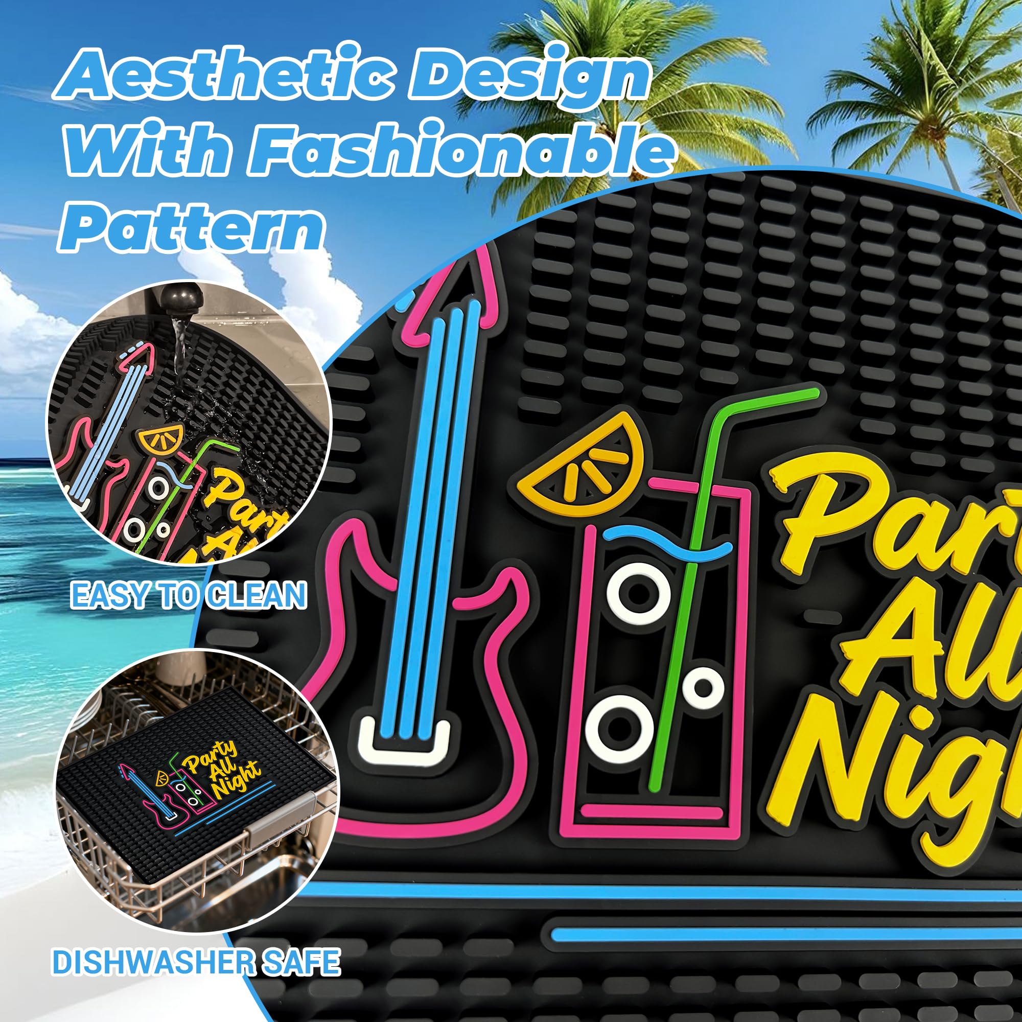 ZJWZLG Neon Tiki 18"x12" Rubber Bar Mat, Non-Slip Spill Mat, Black — Amazon image 3