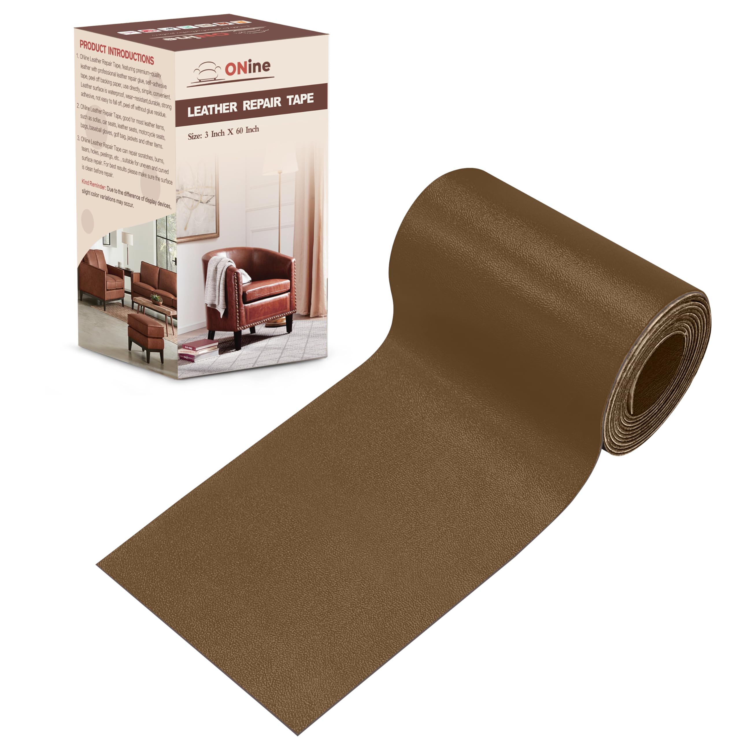 ONine Leather Repair Patch，Leather Repair Tape, 3 x 60 inches Leather Repair Patch for Furniture,Sofas, Office Chair,car Seats,Vinyl Repair Kit(Dark Khaki)