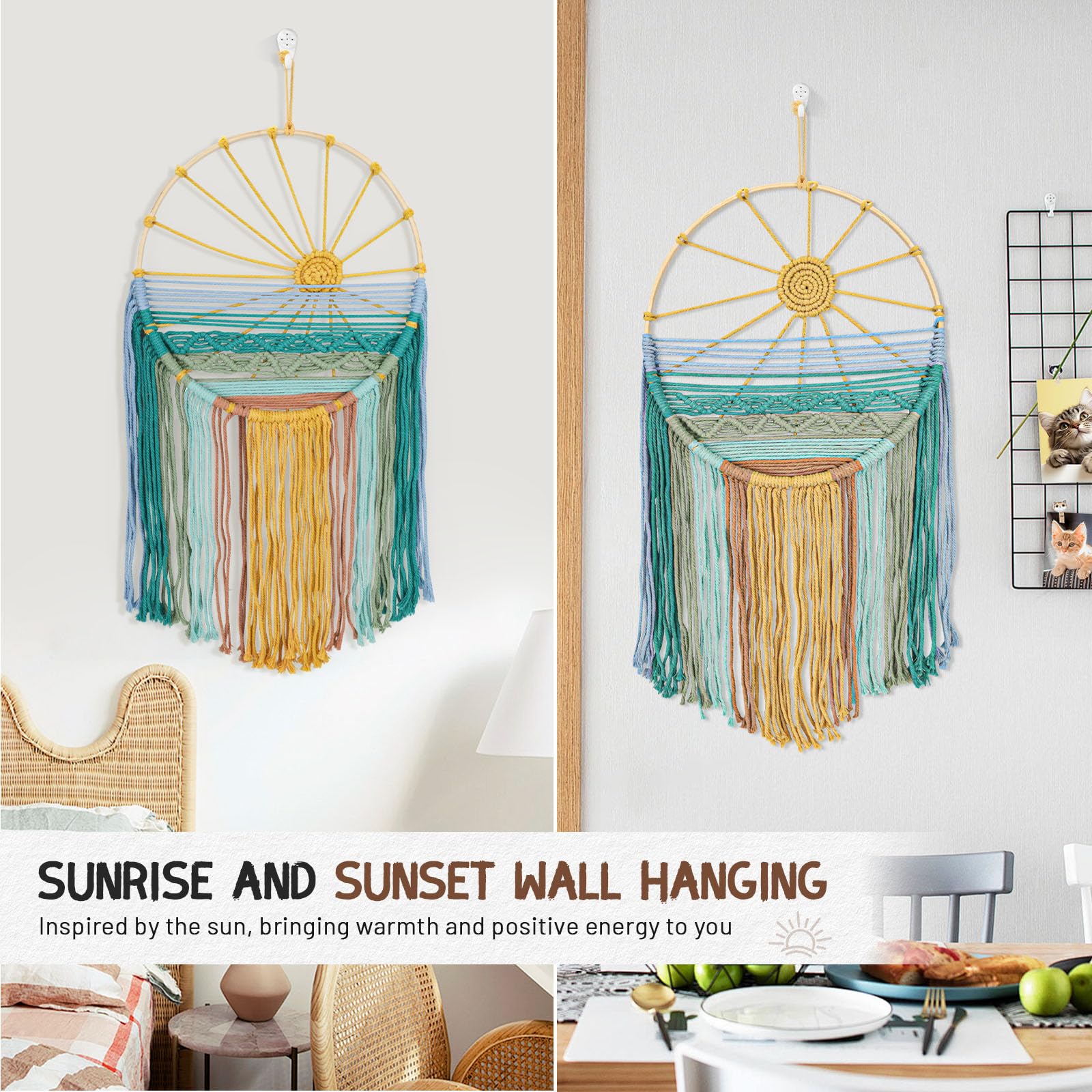Lucxhcky Boho Makramee Wandbehang 2er Set - Sonnenaufgang & Sonnenuntergang Gewebter Wandteppich für Schlafzimmer, Wohnzimmer, Kinderzimmer, Böhmische Wanddekoration, ästhetische Wandkunst (Sonne)