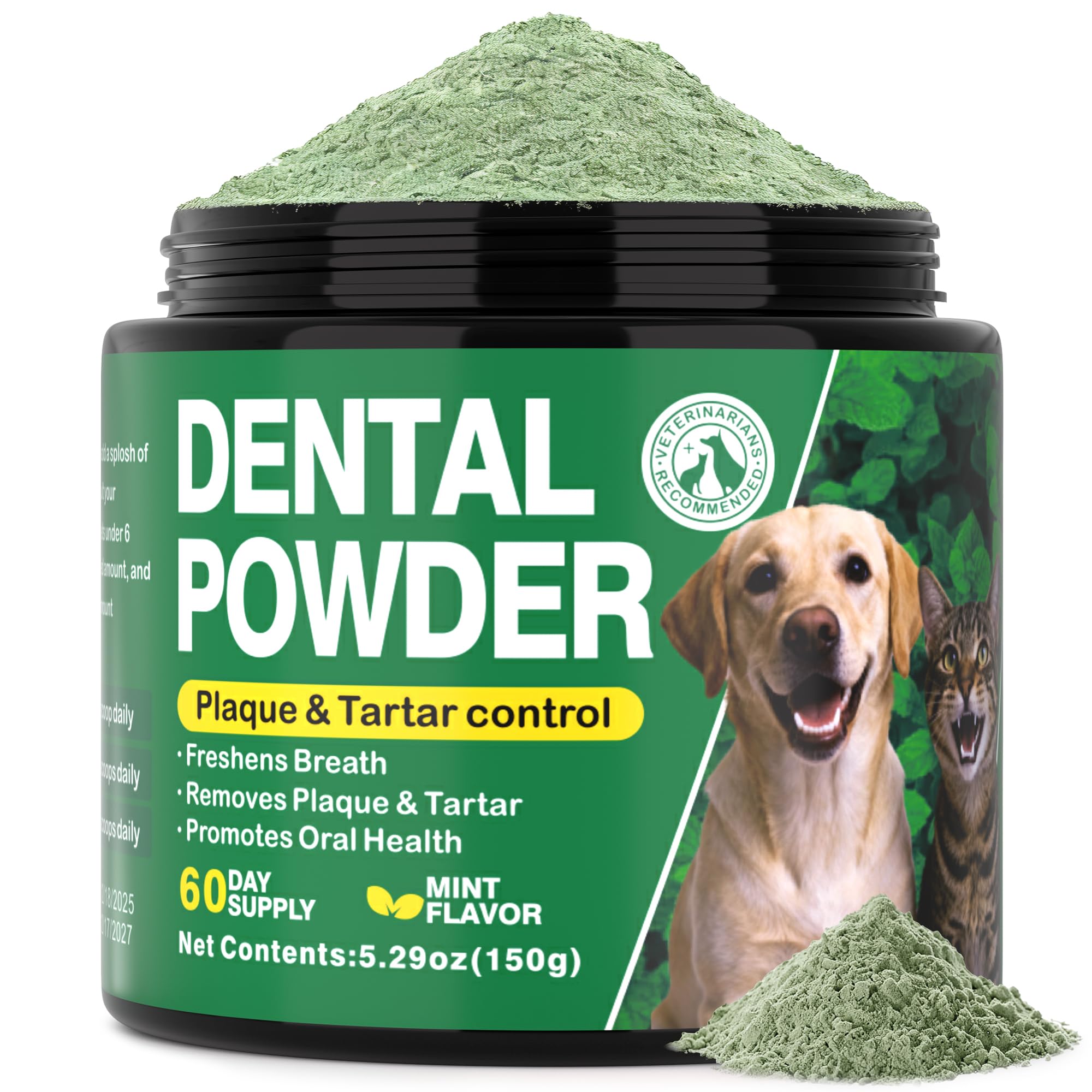 Pet Dental Powder for Dogs & Cats - Fresh Mint Breath Freshener & Teeth Cleaner - Plaque & Tartar Remover Food Topper - No Brushing Oral Care Support for Bad Breath Control (150g)