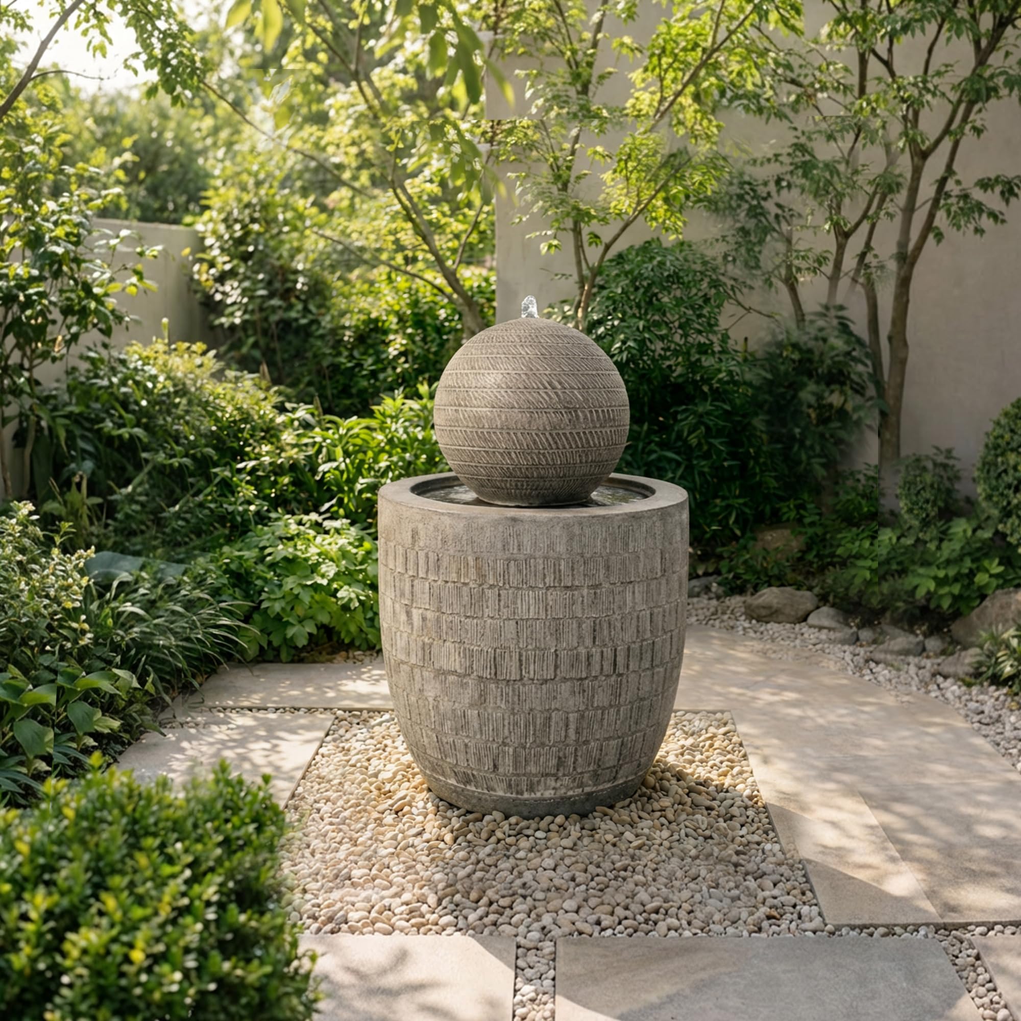 KÖHKO Fontaine de jardin sphérique zen avec LED - Fontaine décorative moderne avec surface structurée pour jardin, terrasse et intérieur