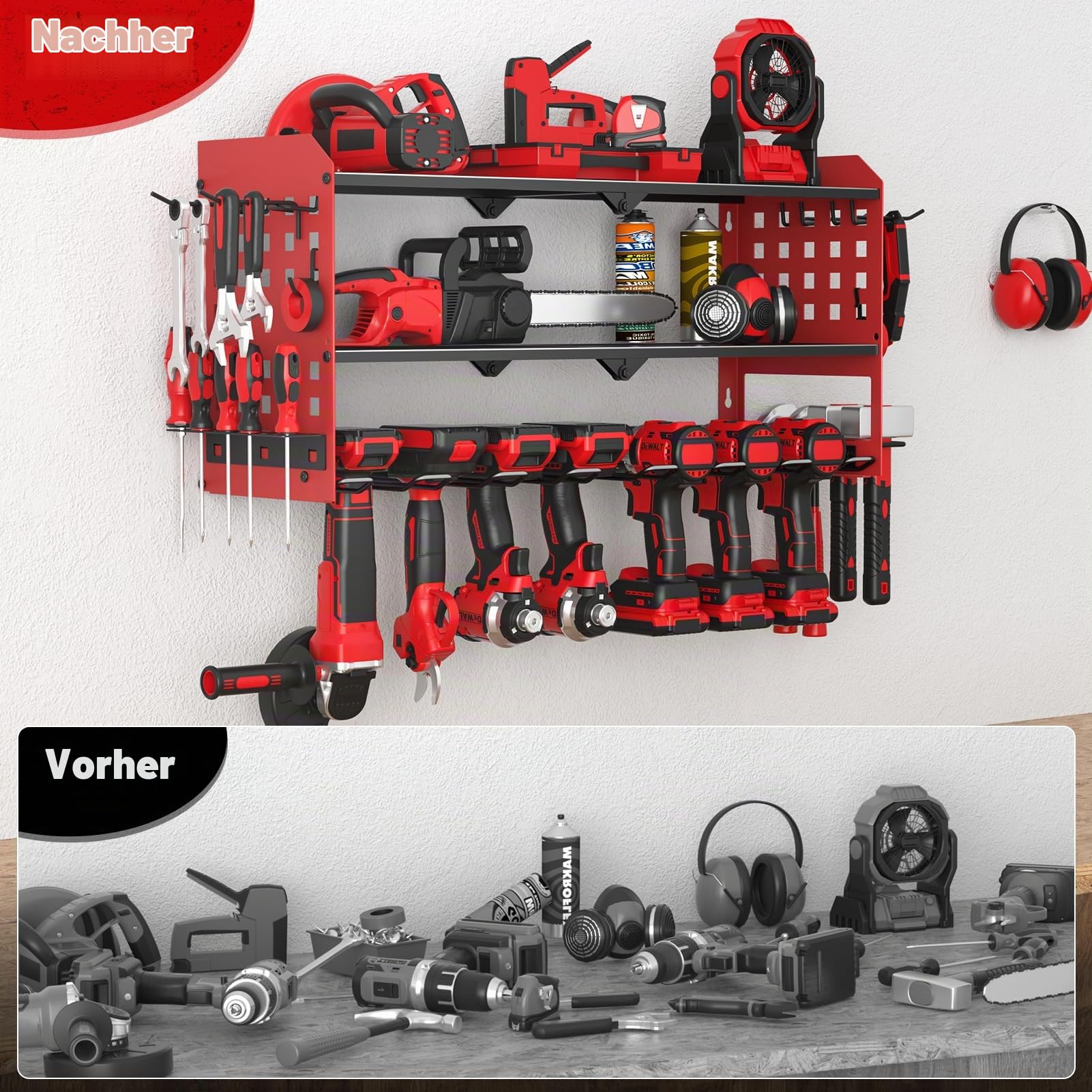 Yeabett 3 Ebenen Werkzeug Wandhalterung, Werkzeugspeicher Aufbewahrung für 7 Elektrowerkzeug, Werkzeug Wandhalterung für Garage, Werkstatt, 64 * 20 * 31cm (Rot)