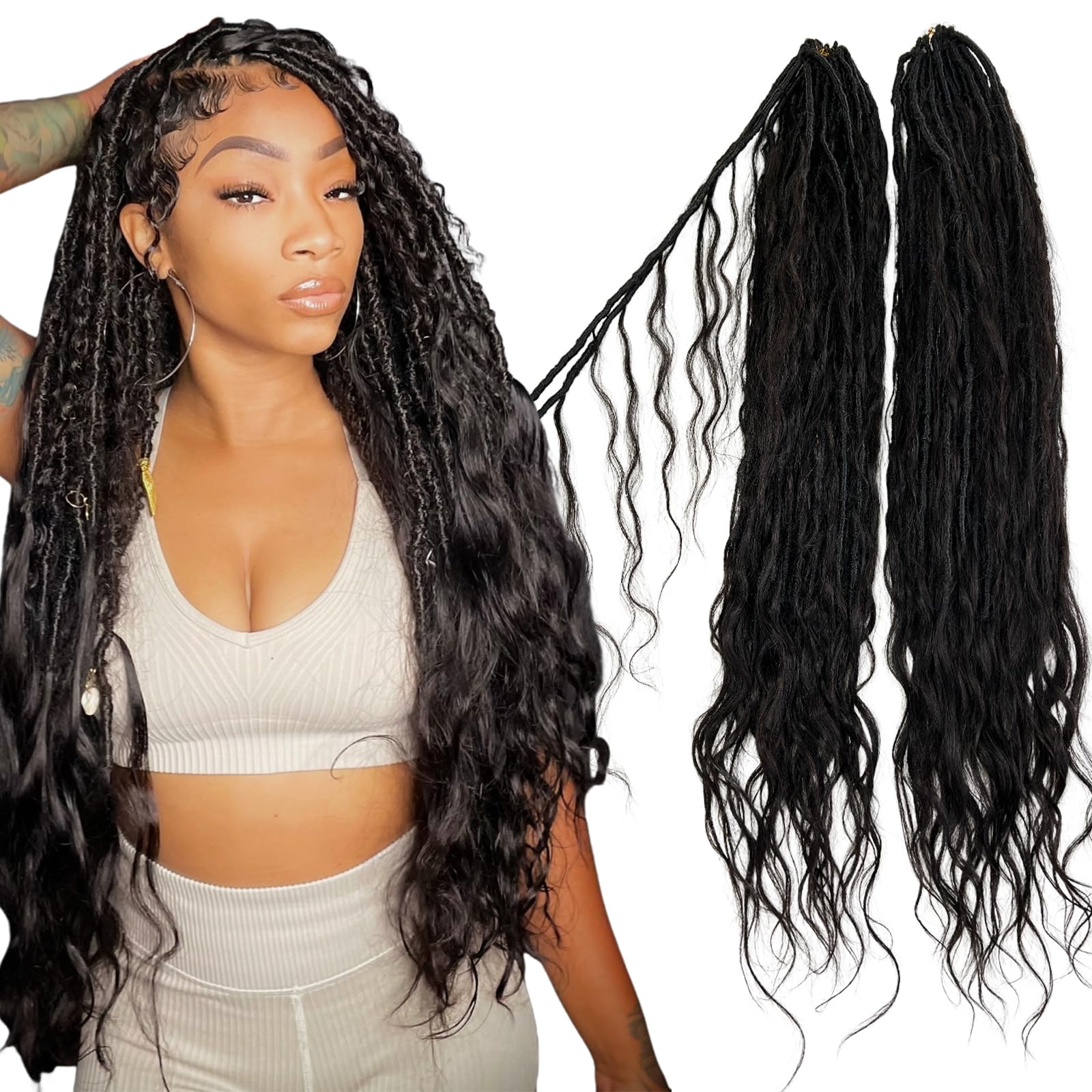 Locs Human Hair Crochet Boho Extensions Pre Looped Goddess Body Wave Curly Ends Knotless Box Braids Faux Locs For Women 26 Inch 72Strands