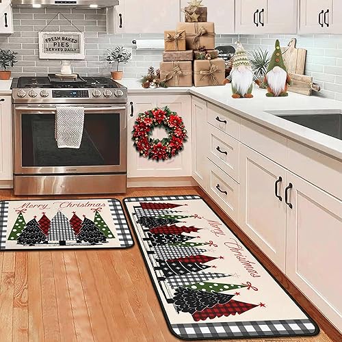 Miniatura 10 de Alfombras de Cocina a Cuadros Búfalo Árboles de Navidad Rojos Feliz Navidad Juego de 2, Tapetes de Piso de Perfil Bajo para Fiestas Navideñas de