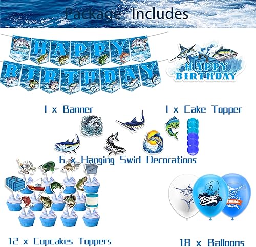 Miniatura 6 de Decoraciones de fiesta de pesca Gone Fishing suministros de fiesta de cumpleaños, incluye pancarta de pesca de feliz cumpleaños, decoración de