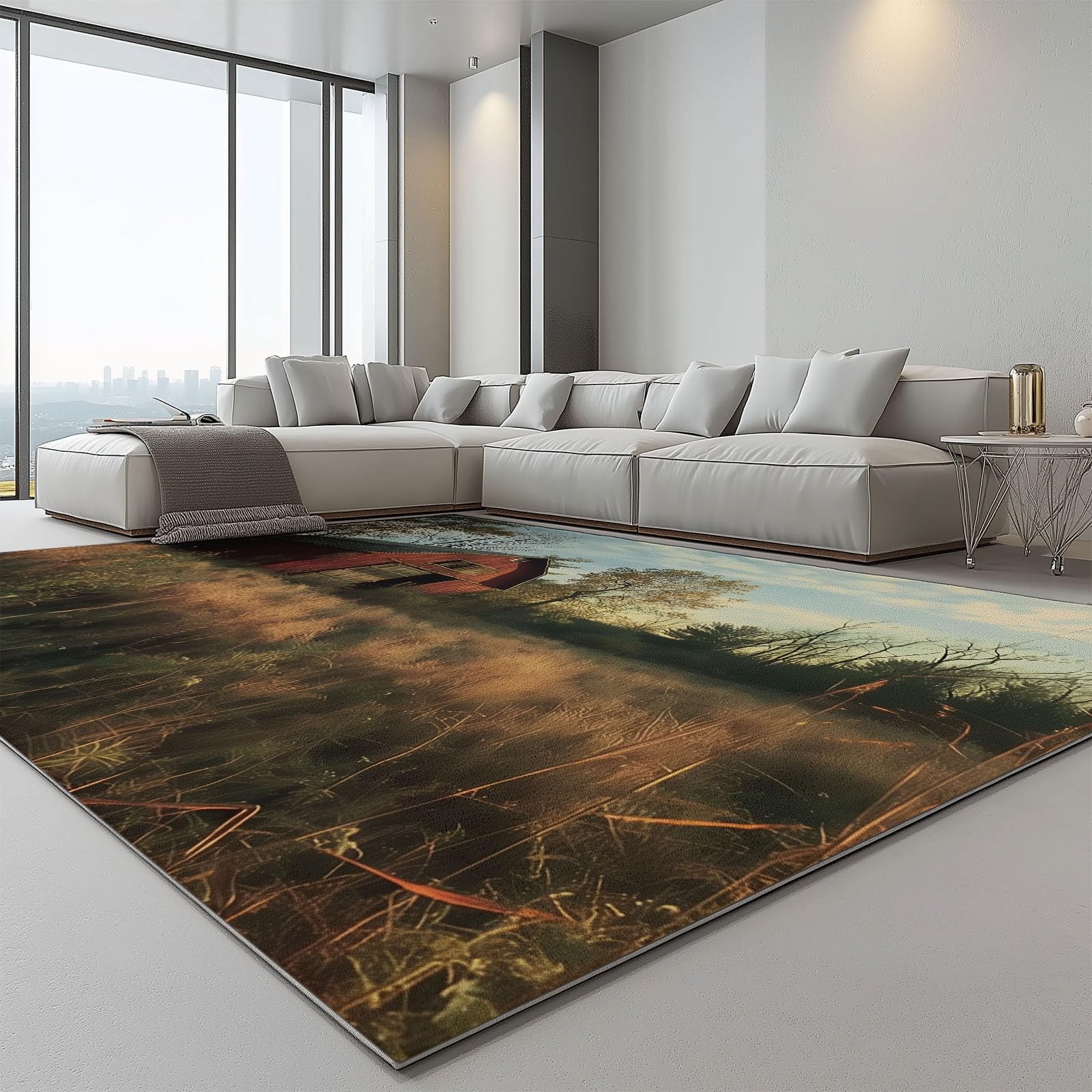 Dywan 100 x 150 cm, krajobraz, stodoła, z krótkim włosiem, do salonu, sypialni i korytarza – antypoślizgowy, odporny na działanie wody i można prać w pralce, nowoczesny design, czerwono-żółty