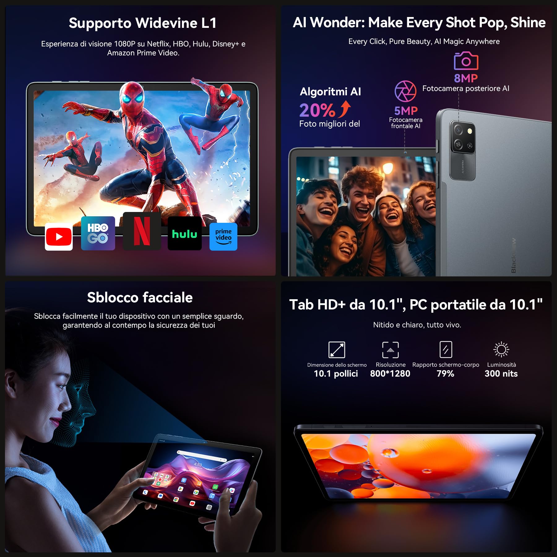 Blackview Tab60 Pro Tablet 10 Pollici (2025) Tablet Android 15, 12GB+128GB (TF 2TB), 5G Wi-Fi + 4G LTE, Octa Core T606, Batteria 7700mAh, Widevine L1/GMS/GPS/AI Camera, Tablet Pc con Custodia