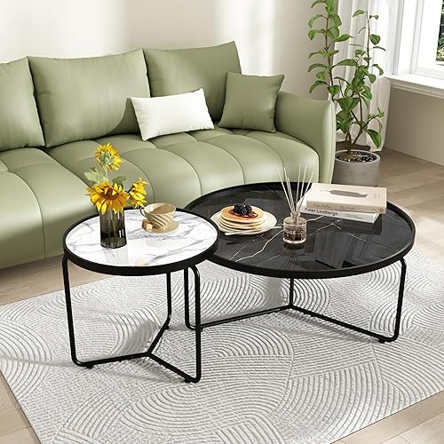HLR Juego de 2 mesas auxiliares redondas de vidrio negro, mesa de centro moderna con marco de metal resistente, mesa de cóctel con bandeja clásica