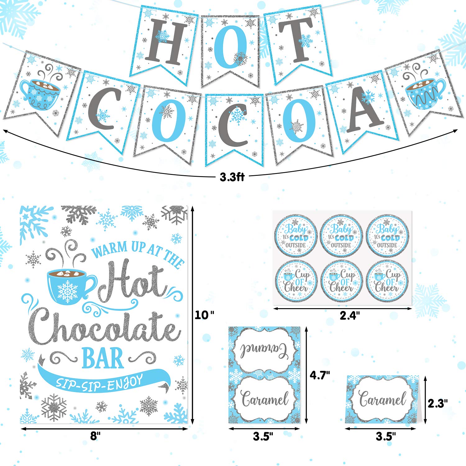 Hot Cocoa Bar Kit, Blue Silver Snowflake Hot Cocoa Banner Bar Sign Hot Chocolate Toppings Labels Cup for Frozen Party Winter Wonderland Baby Shower Baby It's Cold Outside Decorations Party Supplies