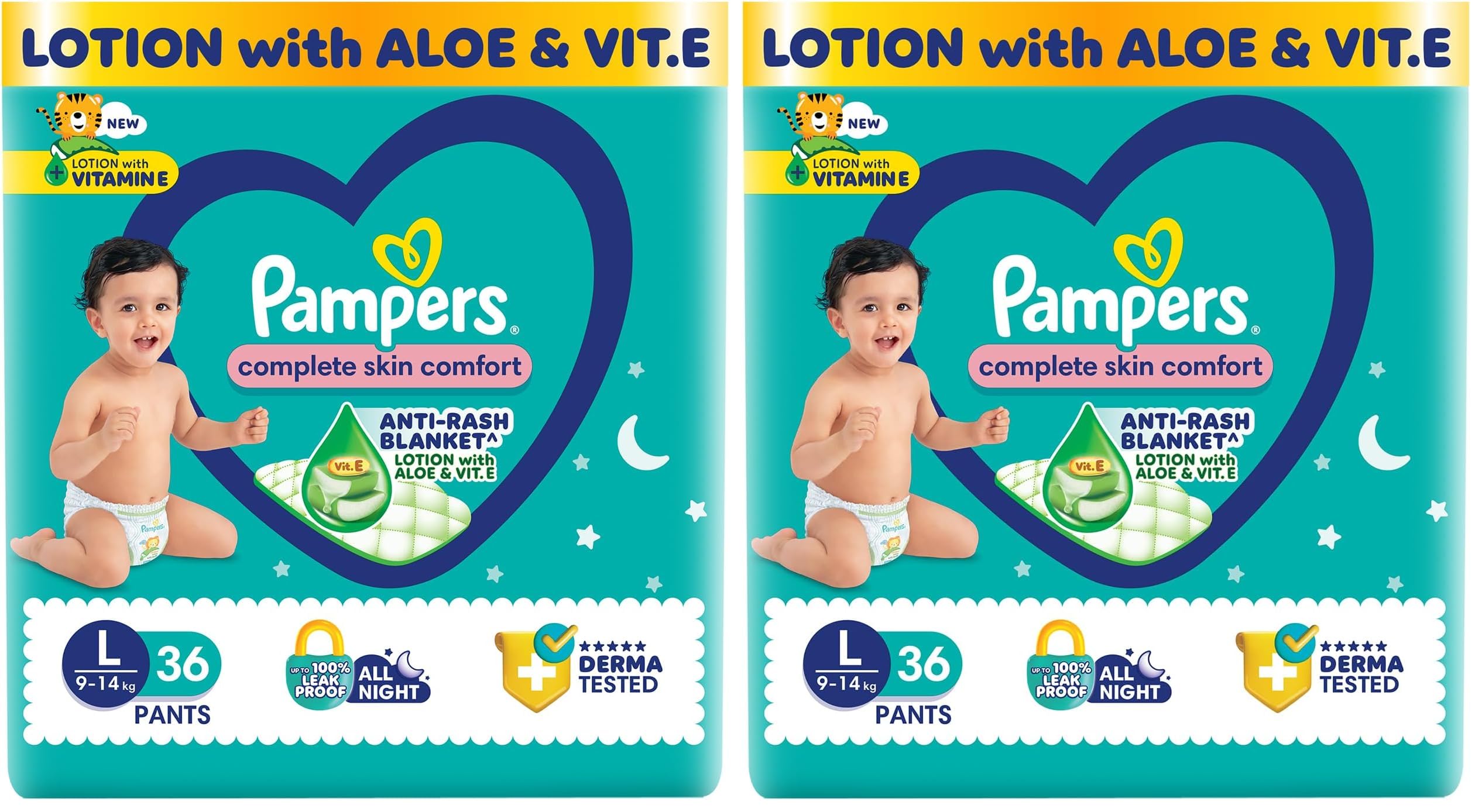 Pampers Complete Skin Comfort Pants, Anti-rash blanket, Lotion with Vitamin E & Aloe Vera, Large size baby Diapers, (L) 36 Count,9-14 kg (Pack of 2)-image-49