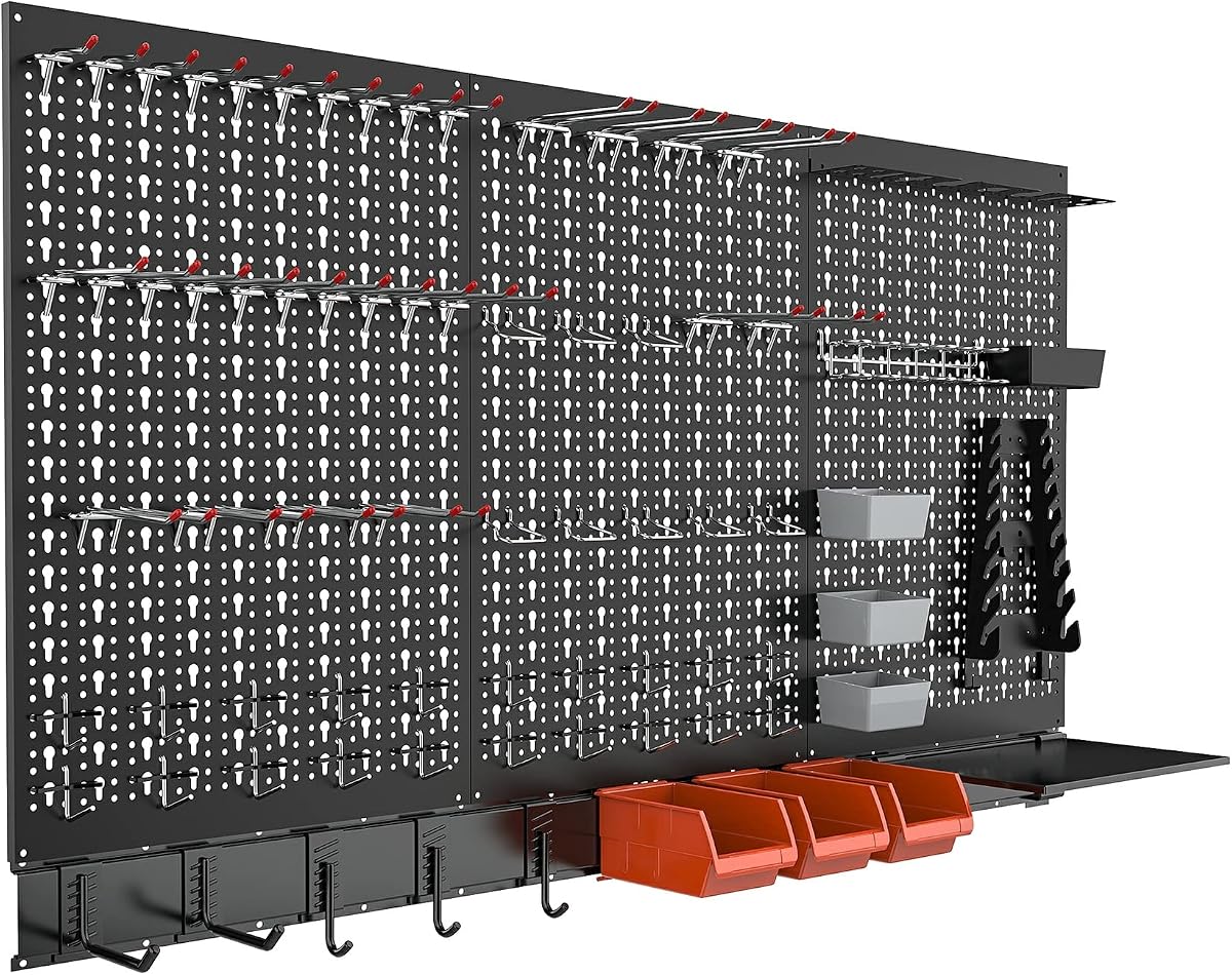 TORACK Metal Pegboard Wall Organizer System 24x48 in, 109 PCS Pegboard Kit | with Accessories, Tool Organizer Peg Board Kit with Bins, Hooks, Tool Storage Boards for Workbench, Black