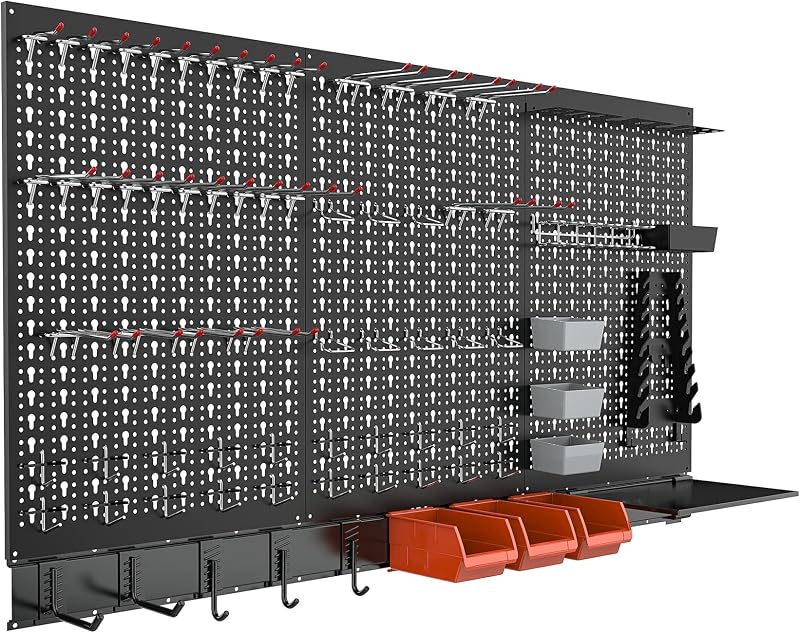 TORACK Metal Pegboard Wall Organizer System 24x48 in, 109 PCS Pegboard Kit | with Accessories, Tool Organizer Peg Board Kit with Bins, Hooks, Tool Storage Boards for Workbench, Black