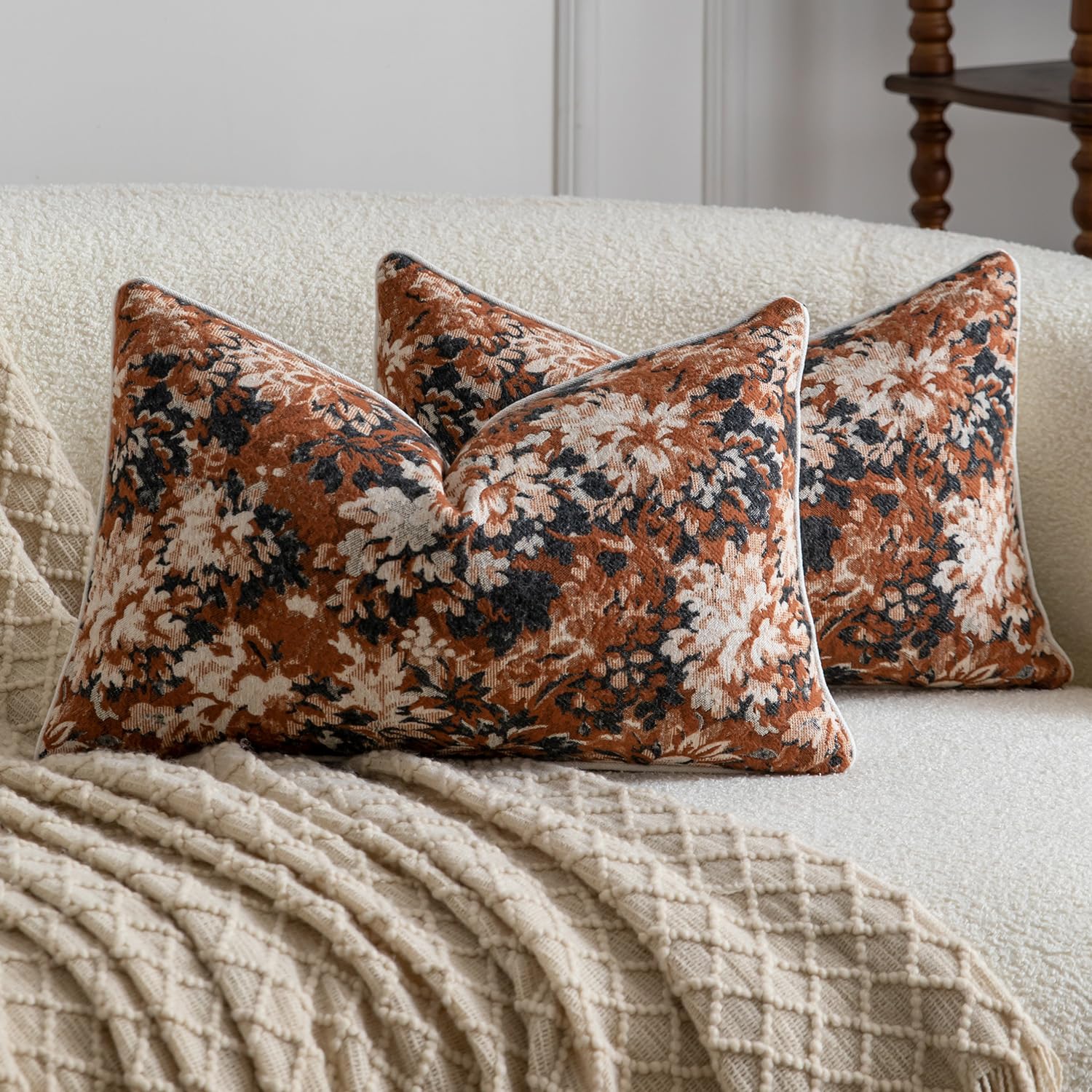 Madizz Pack of 2 Decorative Cushion Covers 30x50 cm Charcoal Terracotta Vintage Floral Throw Pillows Soft Solid Jacquard Pillow Covers for Couch Sofa Bedroom Living Room