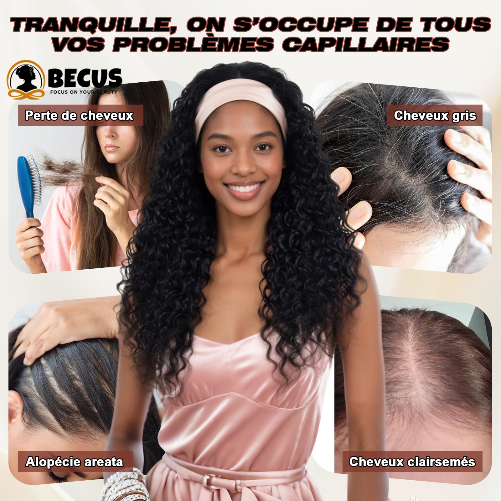 BECUS Perruque Bandeau Femme Bouclée Noire Naturelle 18 Pouces, Headband Wig Demi-Tête Sans Colle avec Bandeau, Aspect Naturel, Prête à Porter pour Usage Quotidien, Fêtes, Soirées et Débutantes
