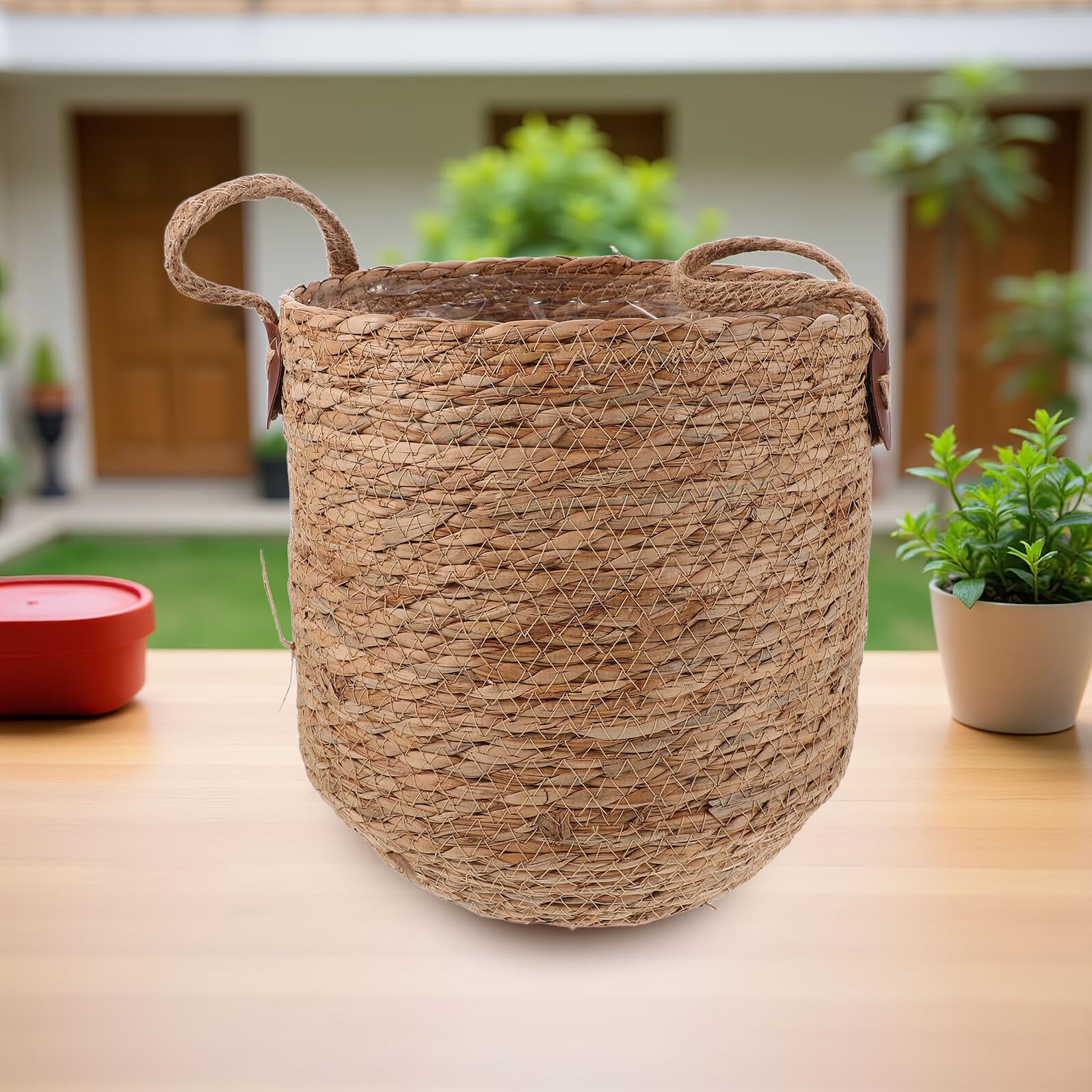 Panier à Fleurs en Tressée Fait Main Cache-Pot Rond Petit Format 27 CM avec Doublure Jardinière D’Intérieur Stable et Respirante pour Salon Balcon et Bureau