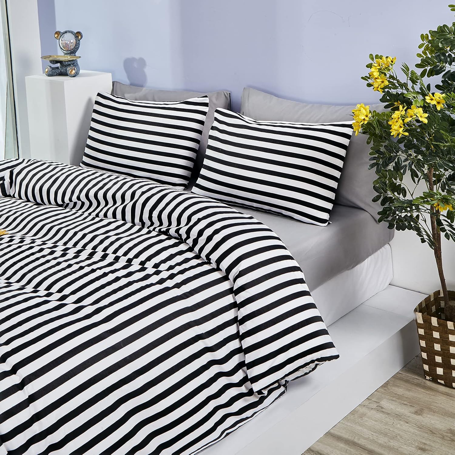 CLOTHKNOW Striped King Size Comforter Set Black and White Bedding Comforter Sets Soft Farmhouse Ticking Comforter with 2 x Pillow Cases